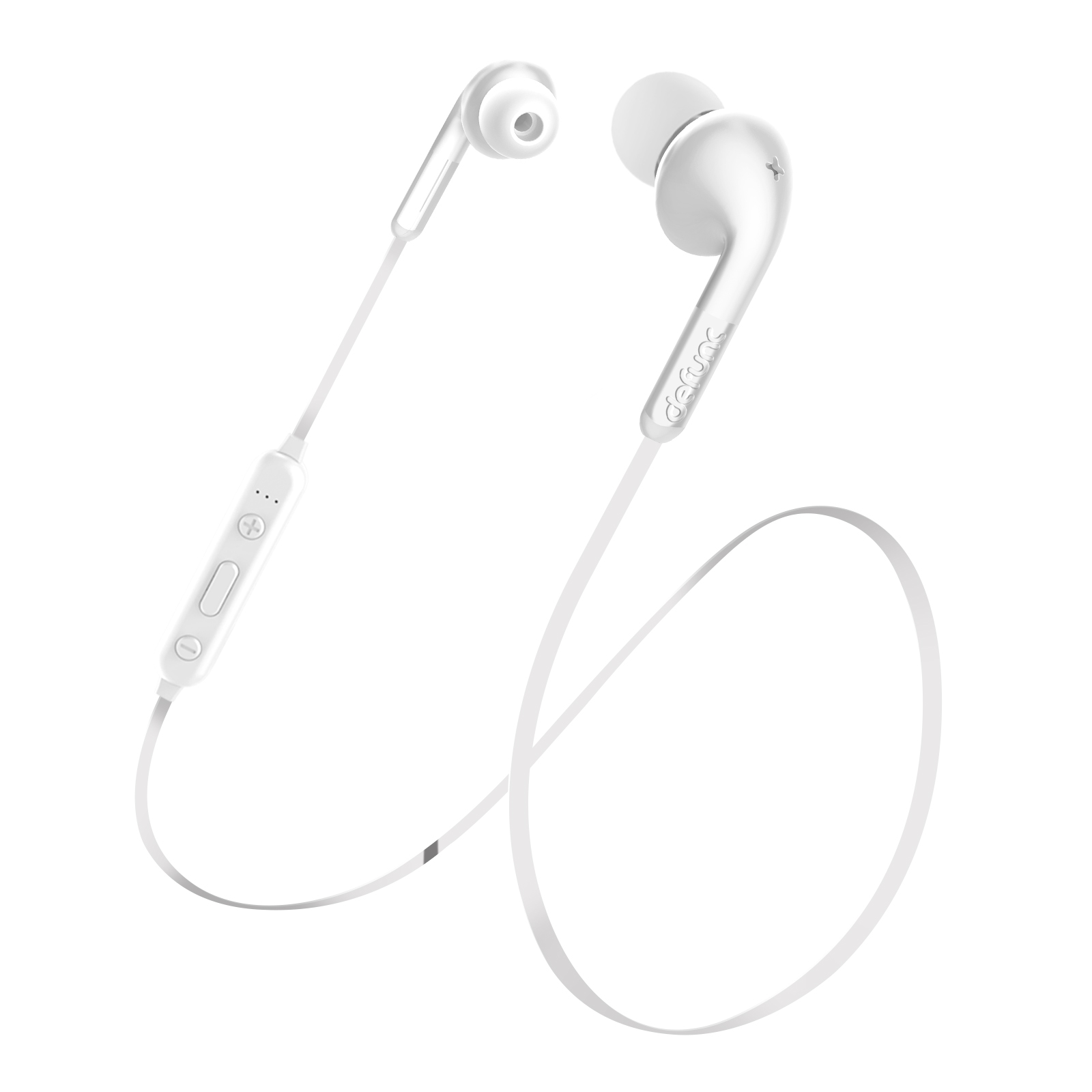 Auricolari bianchi con filo con un pannello di controllo e un lungo cavo. Gli auricolari sono su uno sfondo bianco.