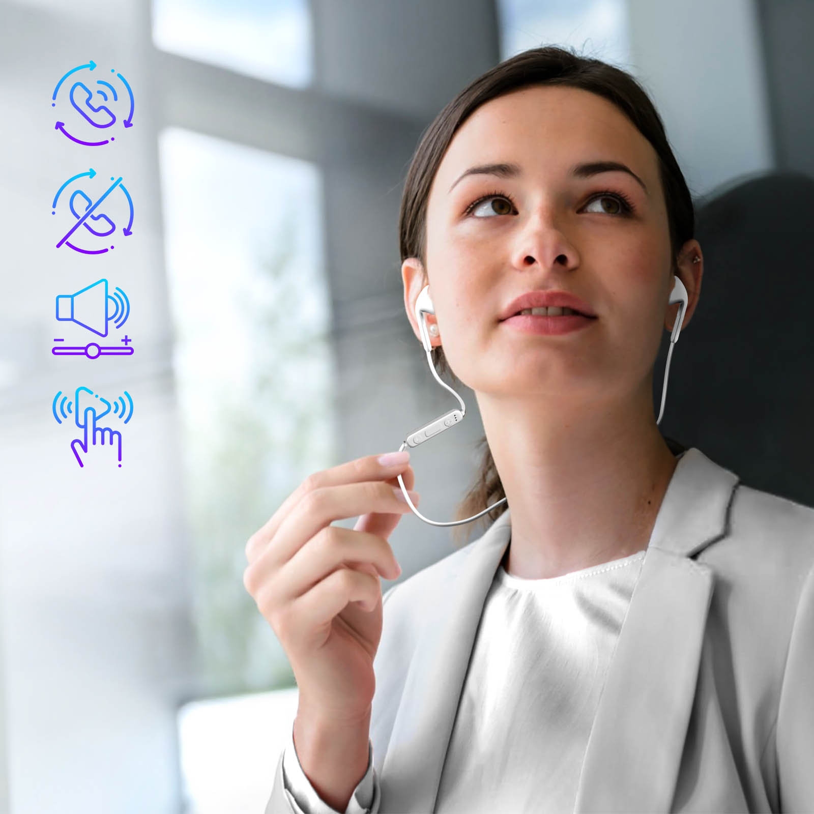 Donna con auricolari che guarda in alto, con icone di azioni telefoniche.