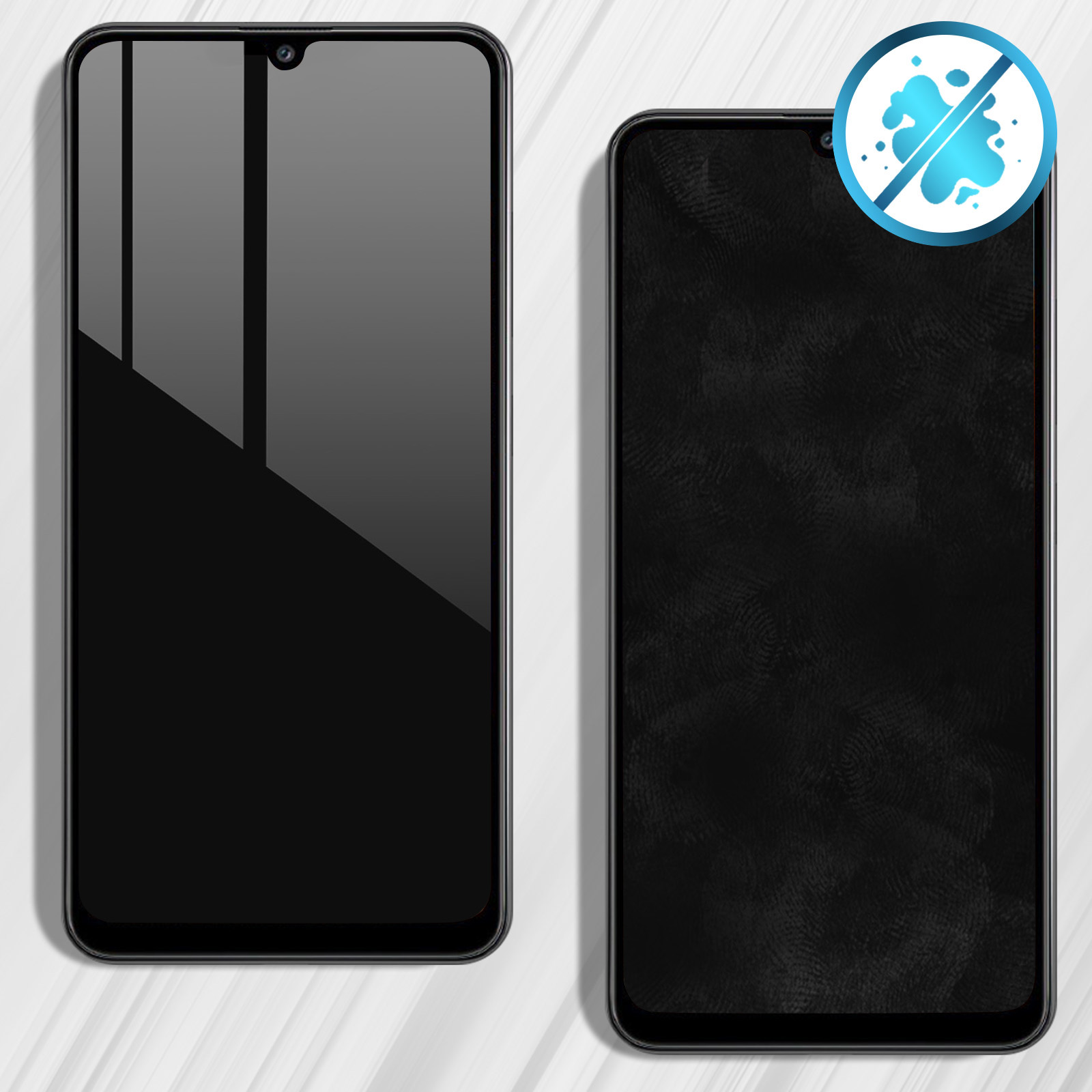 Due telefoni neri affiancati. Uno ha una protezione schermo con un logo blu.