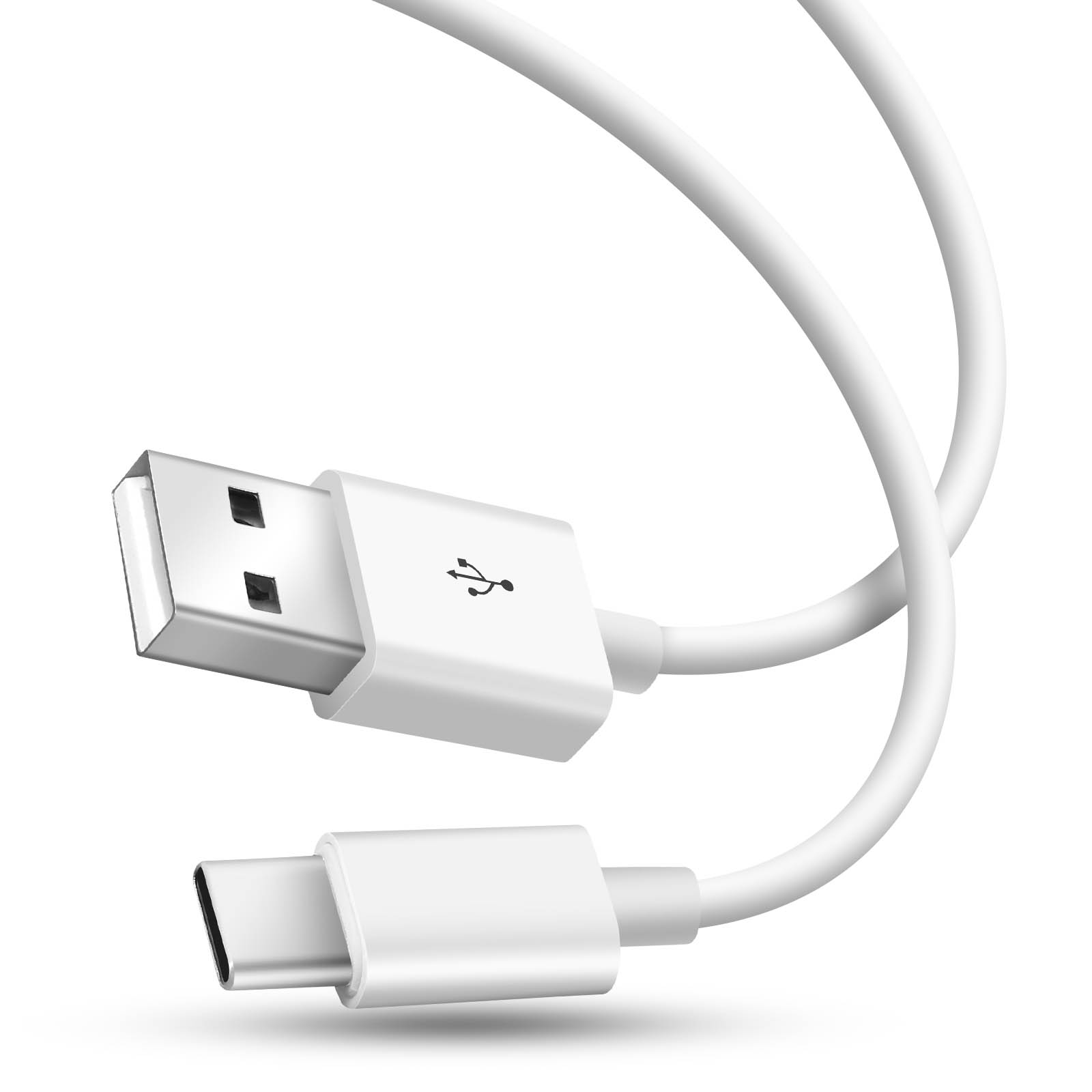 Cavo da USB a USB-C bianco. Il cavo è arrotolato e ha due connettori.
