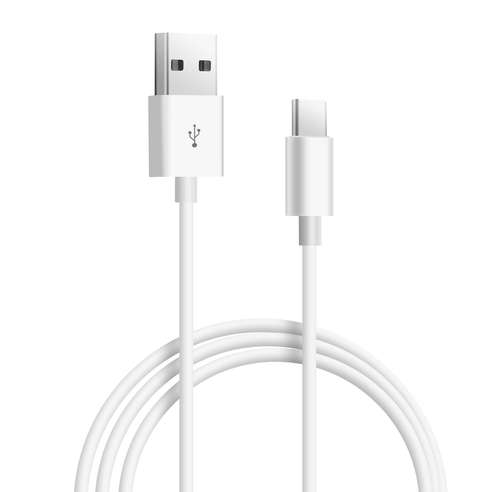 Cavo da USB a USB-C bianco, dritto e pulito su sfondo bianco.