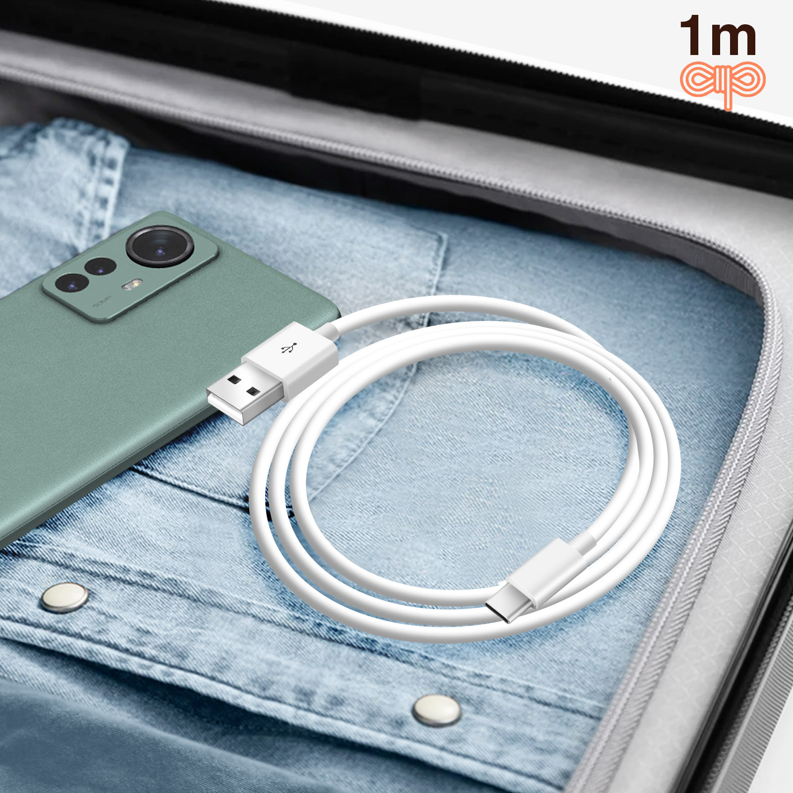 Un telefono, un cavo e una valigia. Il telefono è verde, il cavo è bianco, la valigia è grigia.