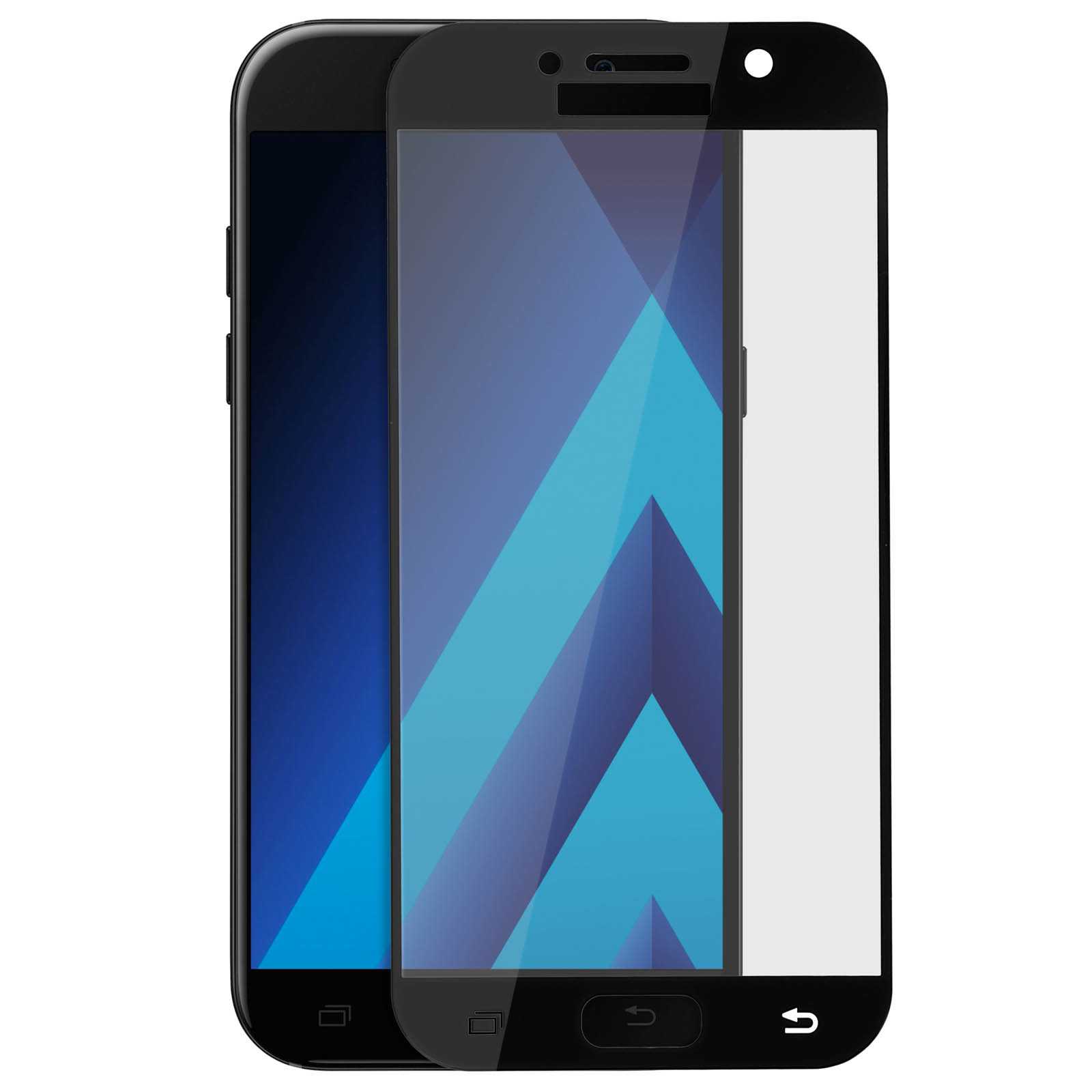 Due smartphone neri, uno davanti all'altro. Gli schermi mostrano disegni geometrici blu e spazio bianco.