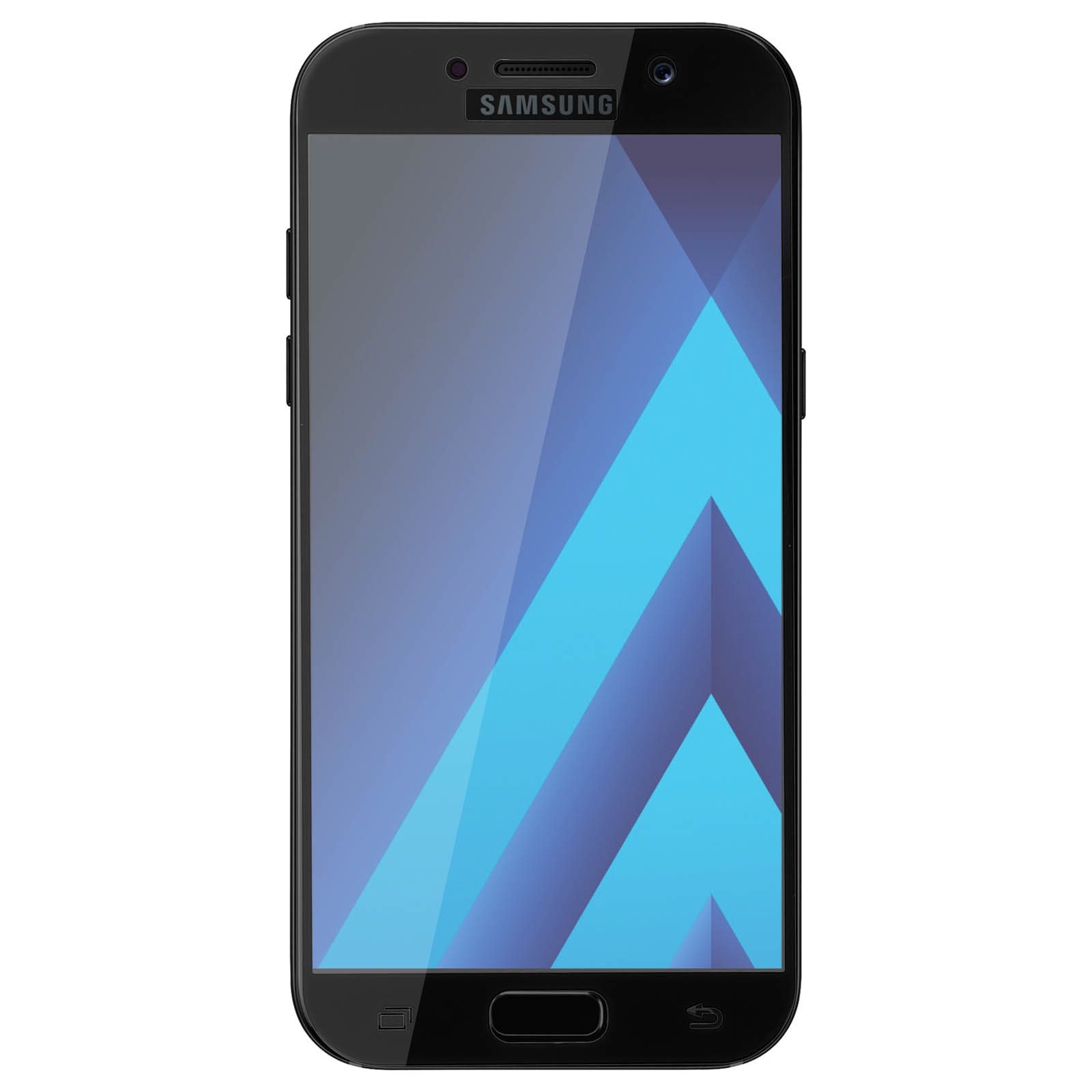Smartphone Samsung nero. Schermo con forme astratte blu e grigie. Logo Samsung in alto.