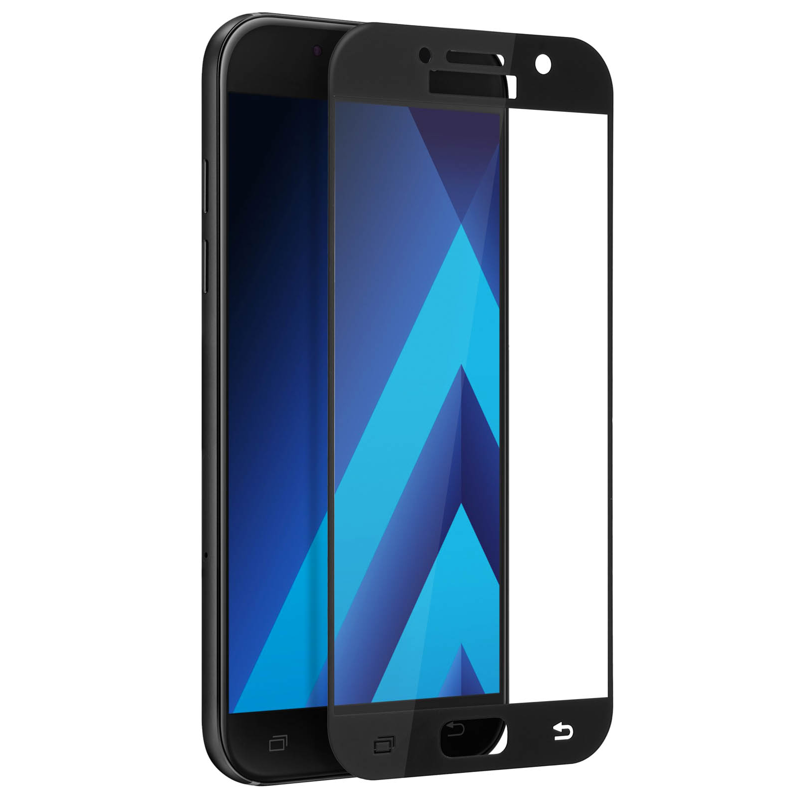 Uno smartphone con protezione schermo. Il telefono è nero, la protezione è trasparente. Lo schermo mostra forme blu.
