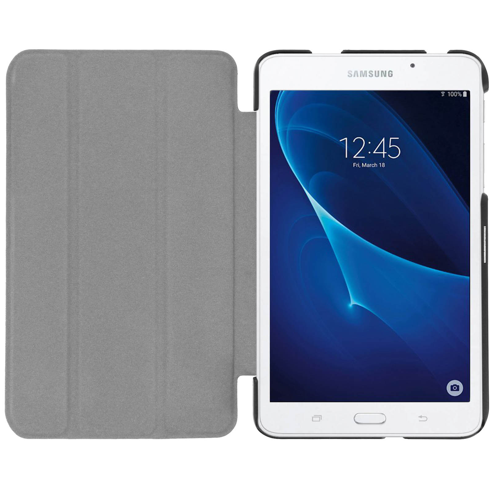Un tablet bianco in una custodia a libro grigia. Lo schermo mostra un orologio.