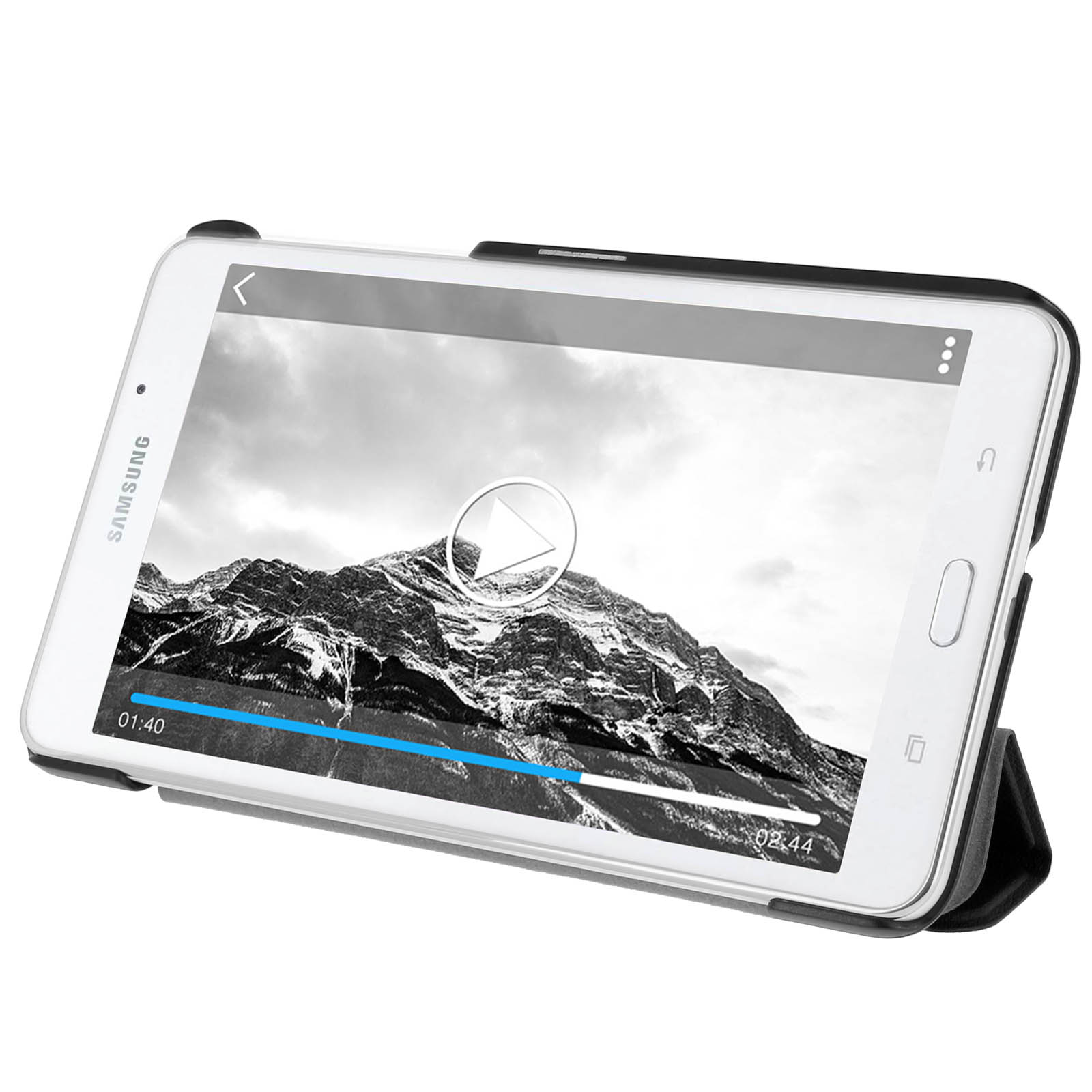 Un tablet bianco riproduce un video in bianco e nero. Riposa in una custodia nera.