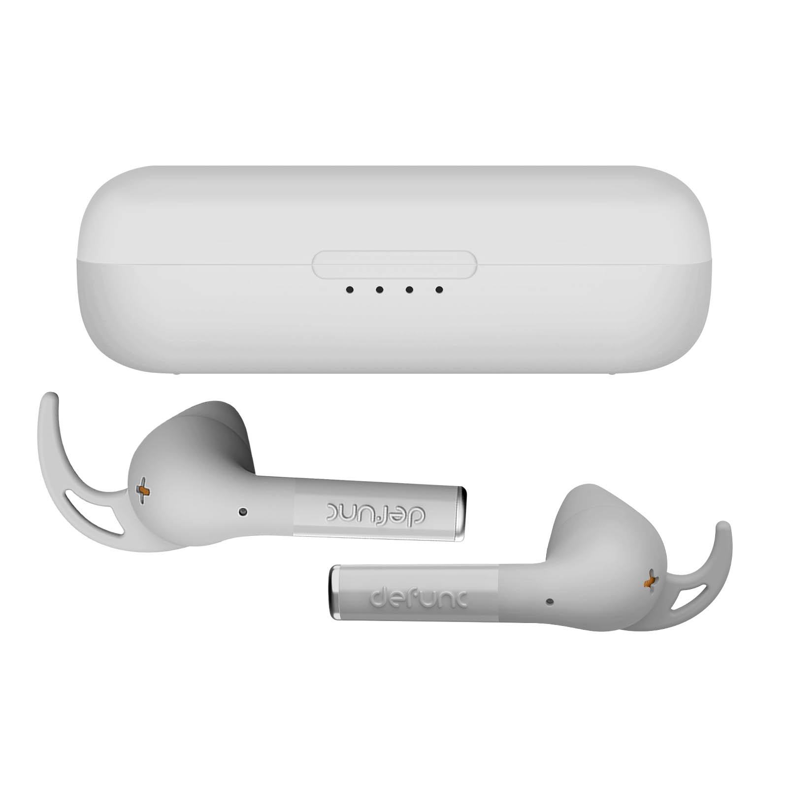 Auricolari wireless bianchi, custodia di ricarica accanto. La custodia ha quattro spie.