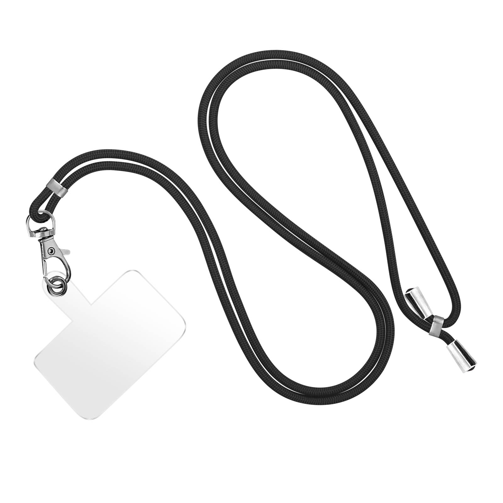 Un cordino nero con porta telefono trasparente e chiusure metalliche su sfondo bianco.