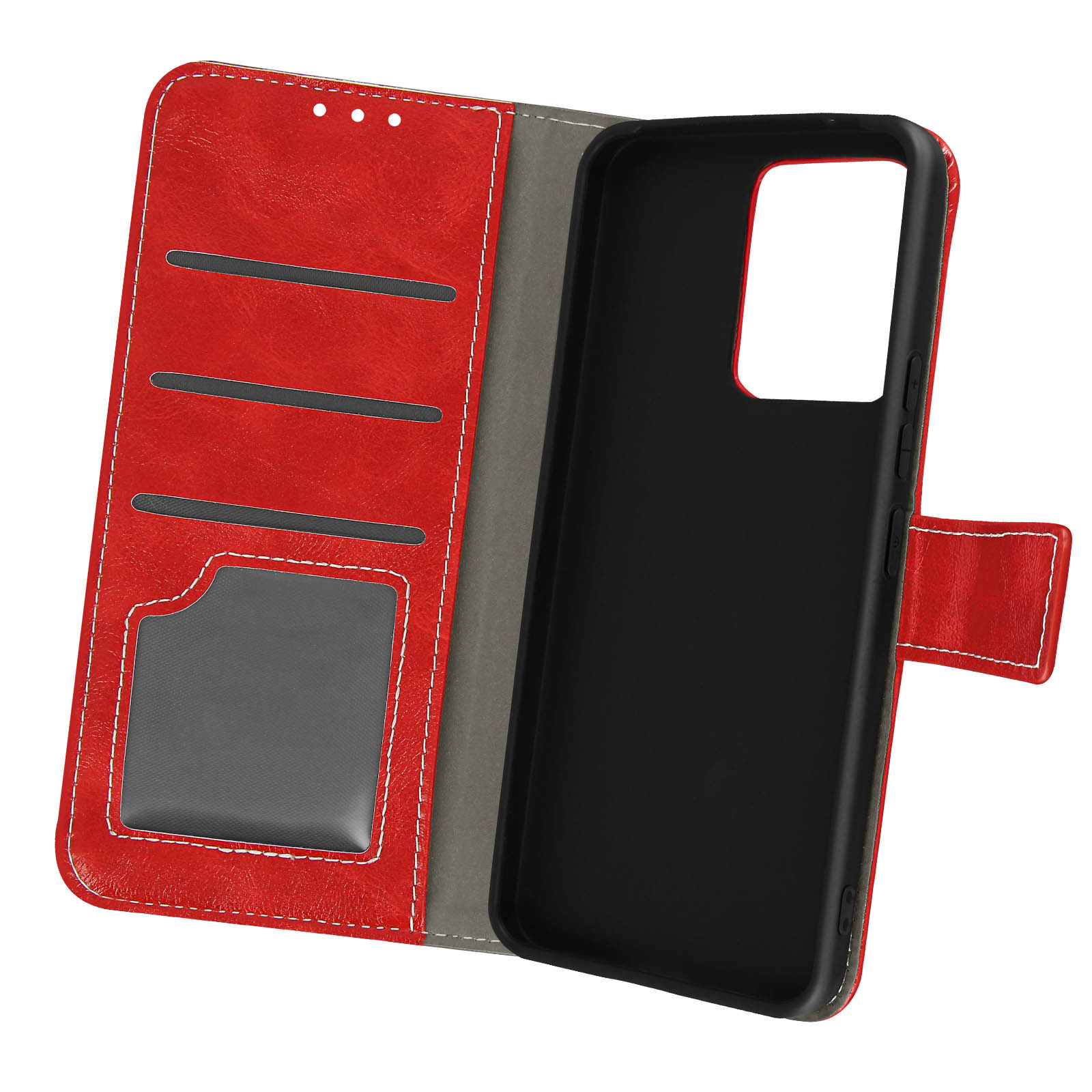 Custodia rossa, aperta, con telefono e fessure per carte.
