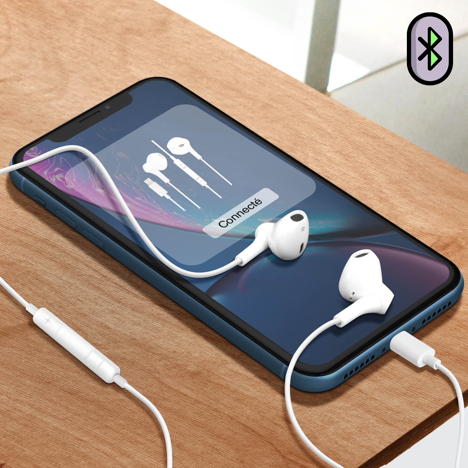 Ein Telefon mit angeschlossenen Kopfhörern und einem Bluetooth-Symbol.
