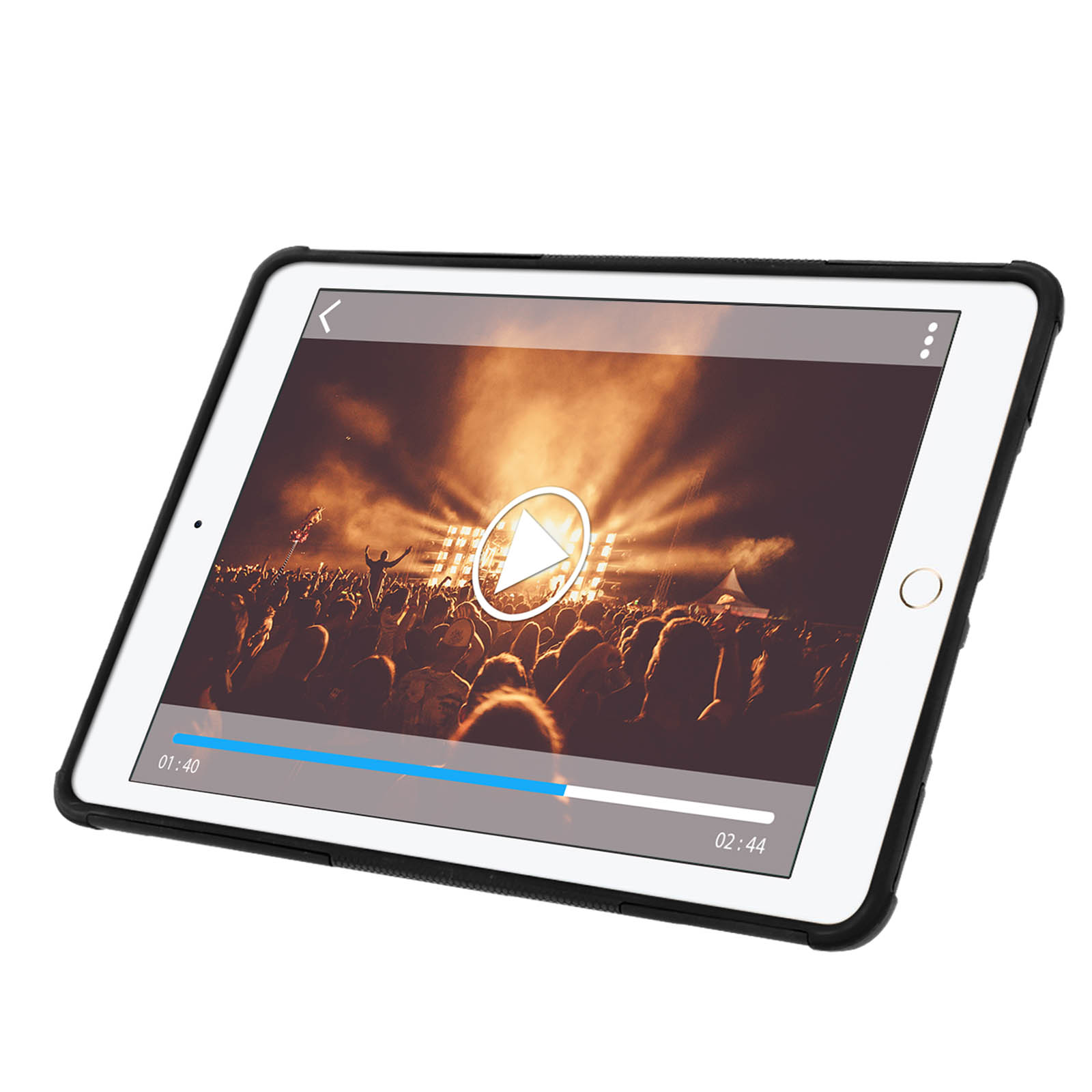 Weißes Tablet, das ein Video eines Konzerts anzeigt. Das Tablet befindet sich in einer schwarzen Hülle.