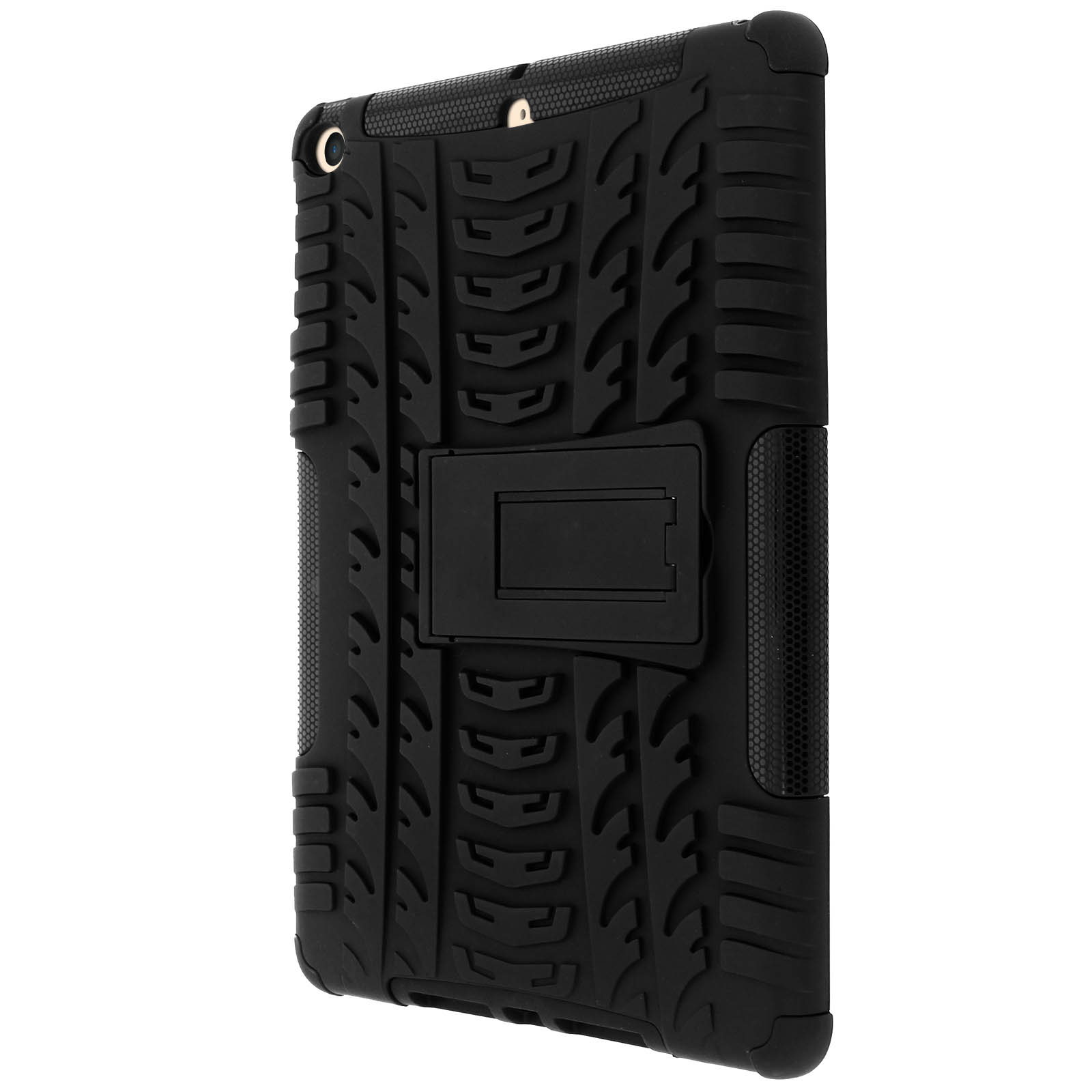 Schwarze Tablet-Hülle mit Ständer. Die Hülle hat ein robustes Design.