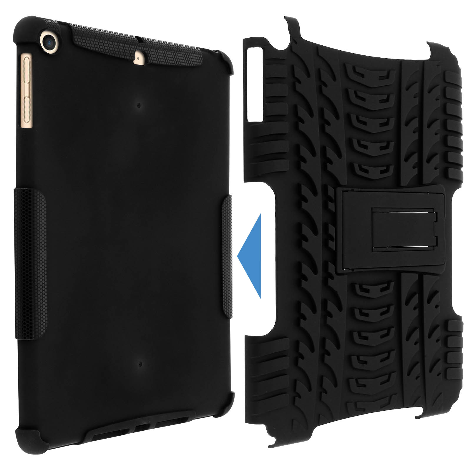 Schwarze Tablet-Hülle, geöffnet, um die Rückseite mit einem Ständer zu zeigen. Es hat ein Reifenprofil-Design.