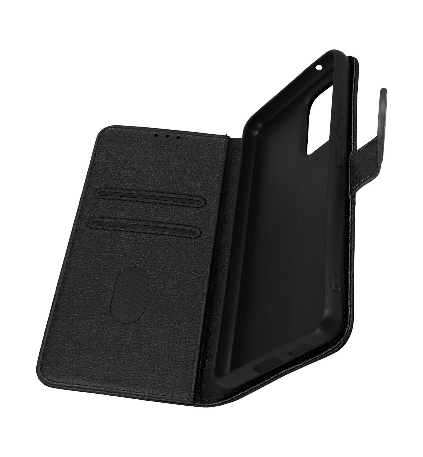 Une coque de téléphone noire est ouverte, révélant l'intérieur noir du téléphone et deux fentes pour cartes.