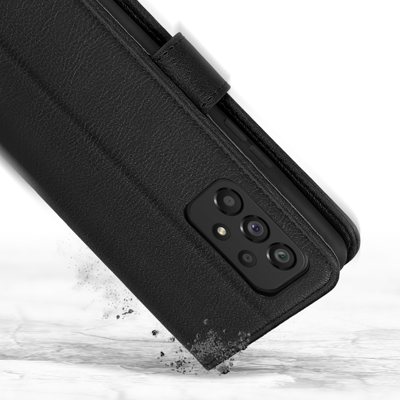 Coque en cuir noir, avec téléphone visible. Des particules de poussière tombent.