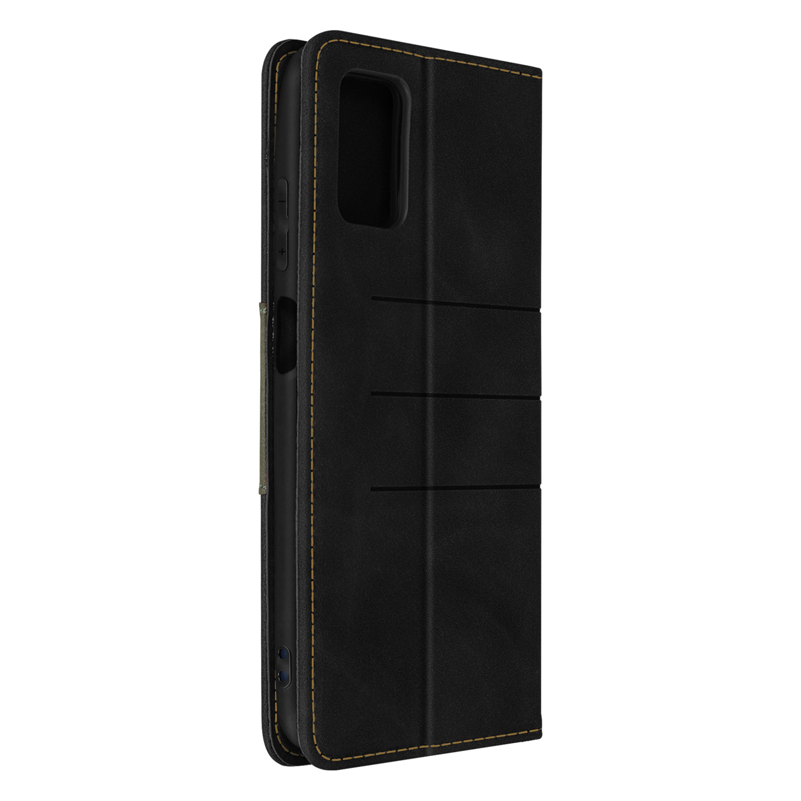 Custodia per telefono nera chiusa con bordi cuciti. Vista frontale, design semplice.