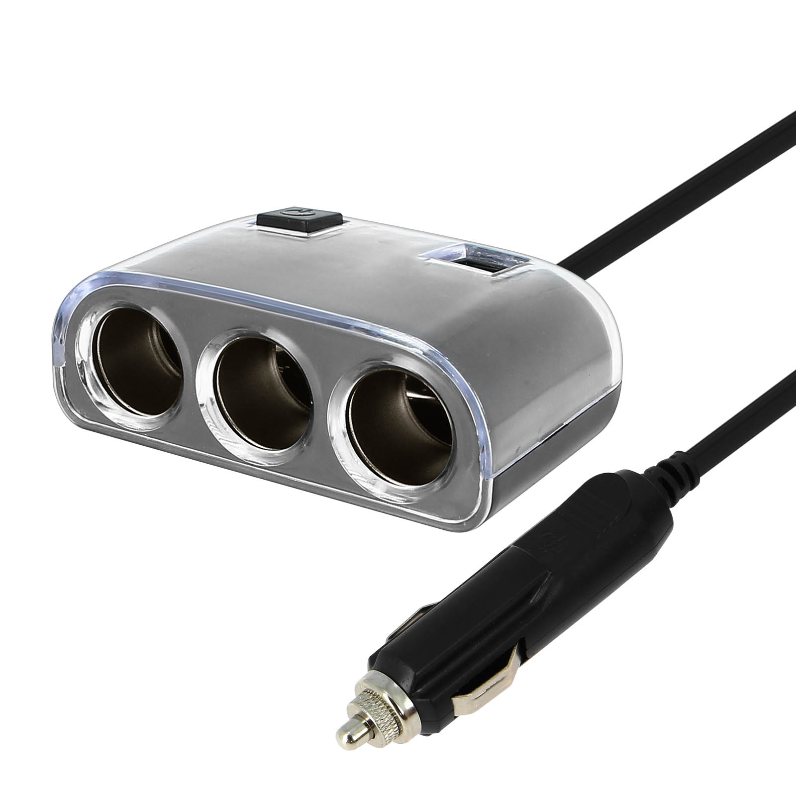 Ein silberner und grauer Auto-Adapter mit drei Ladeanschlüssen und einem USB-Anschluss, mit einem schwarzen Kabel.