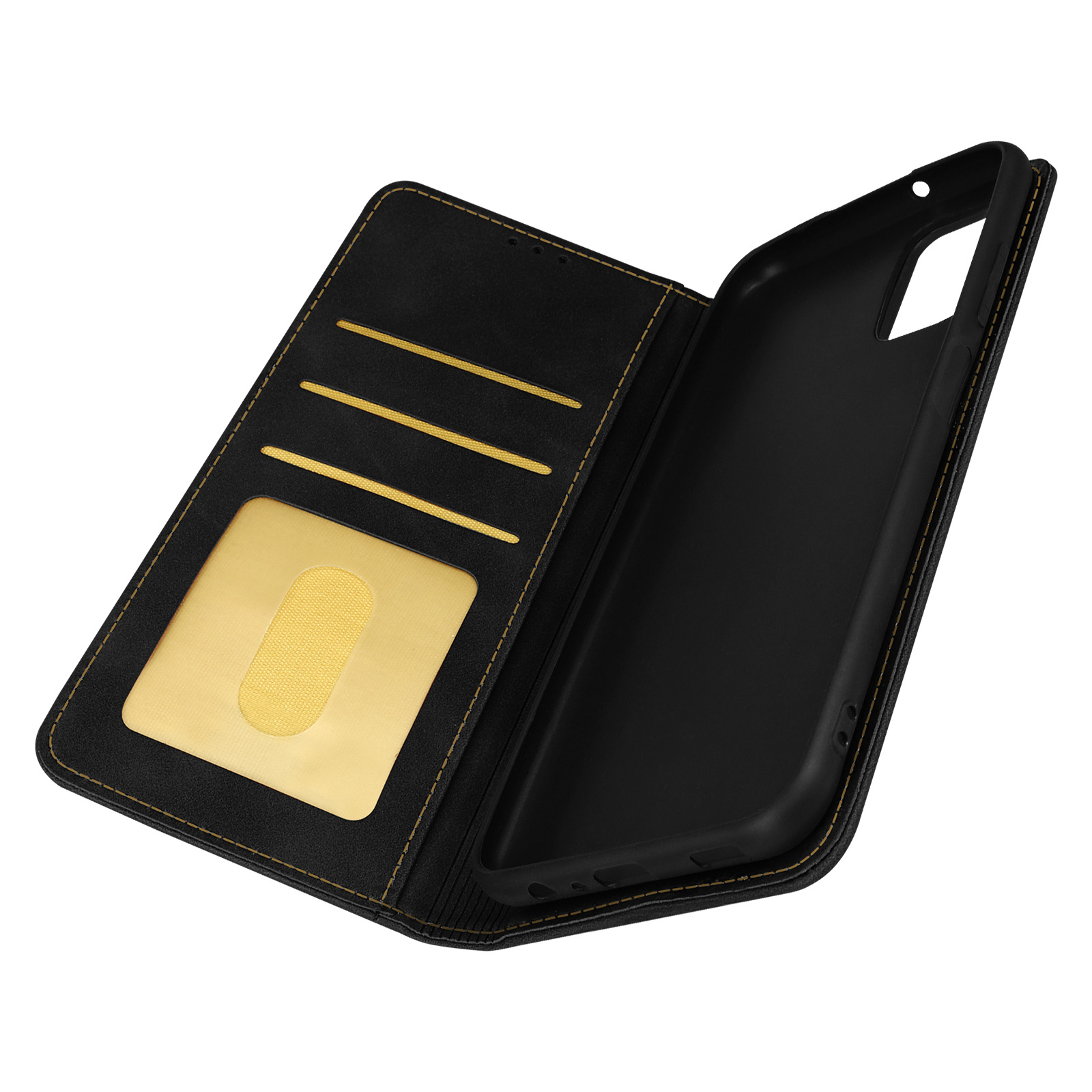Custodia per telefono nera aperta con fessura per carte e dettagli dorati all'interno, senza telefono.