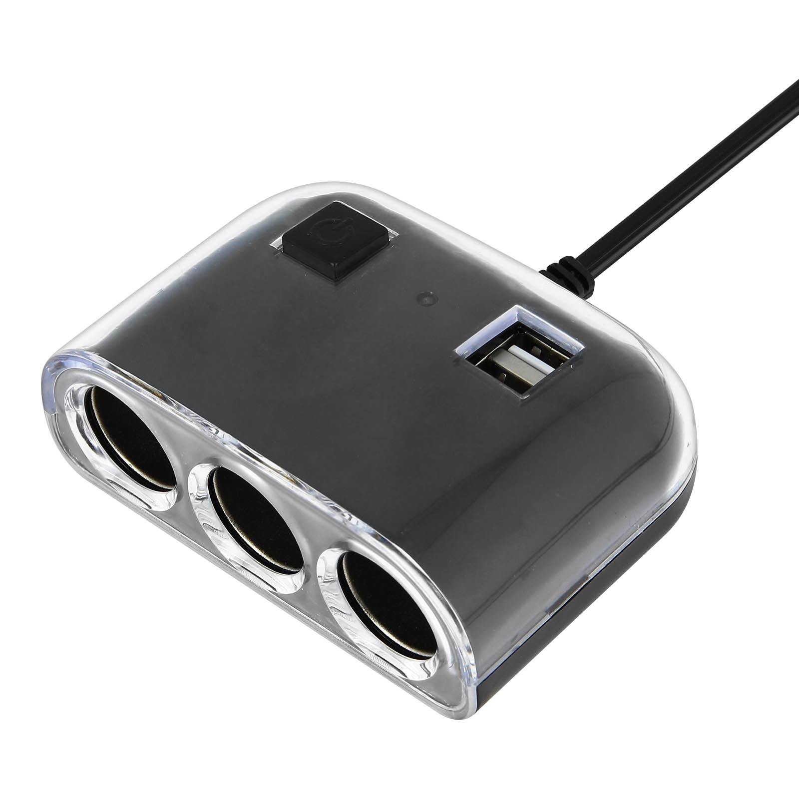 Schwarzes Autoladegerät mit drei Anschlüssen und einem USB-Anschluss. Ein schwarzes Netzkabel ist befestigt.
