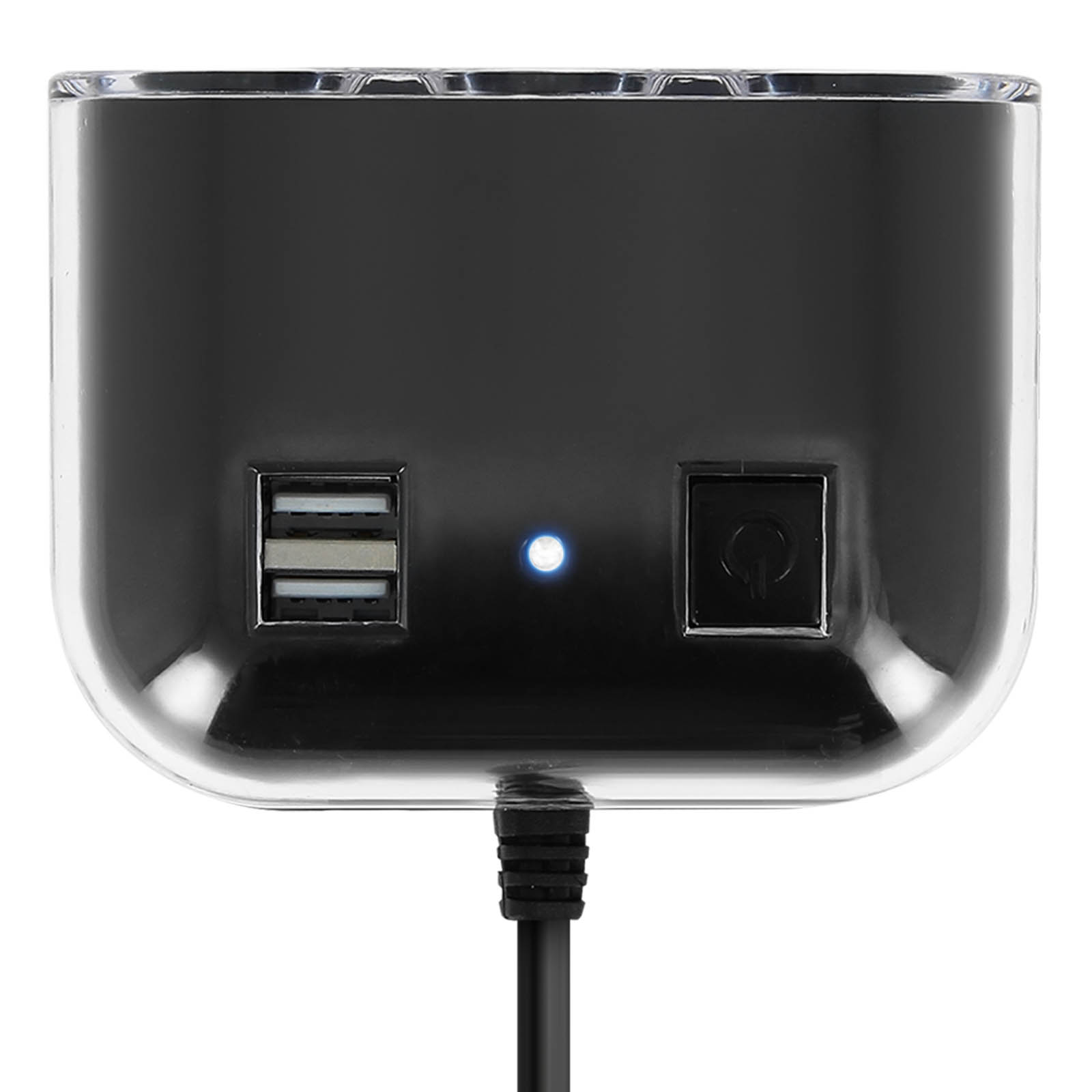 Schwarzer USB-Hub mit zwei USB-Anschlüssen und einem Ein-/Ausschalter. Ein Kabel ist angeschlossen.