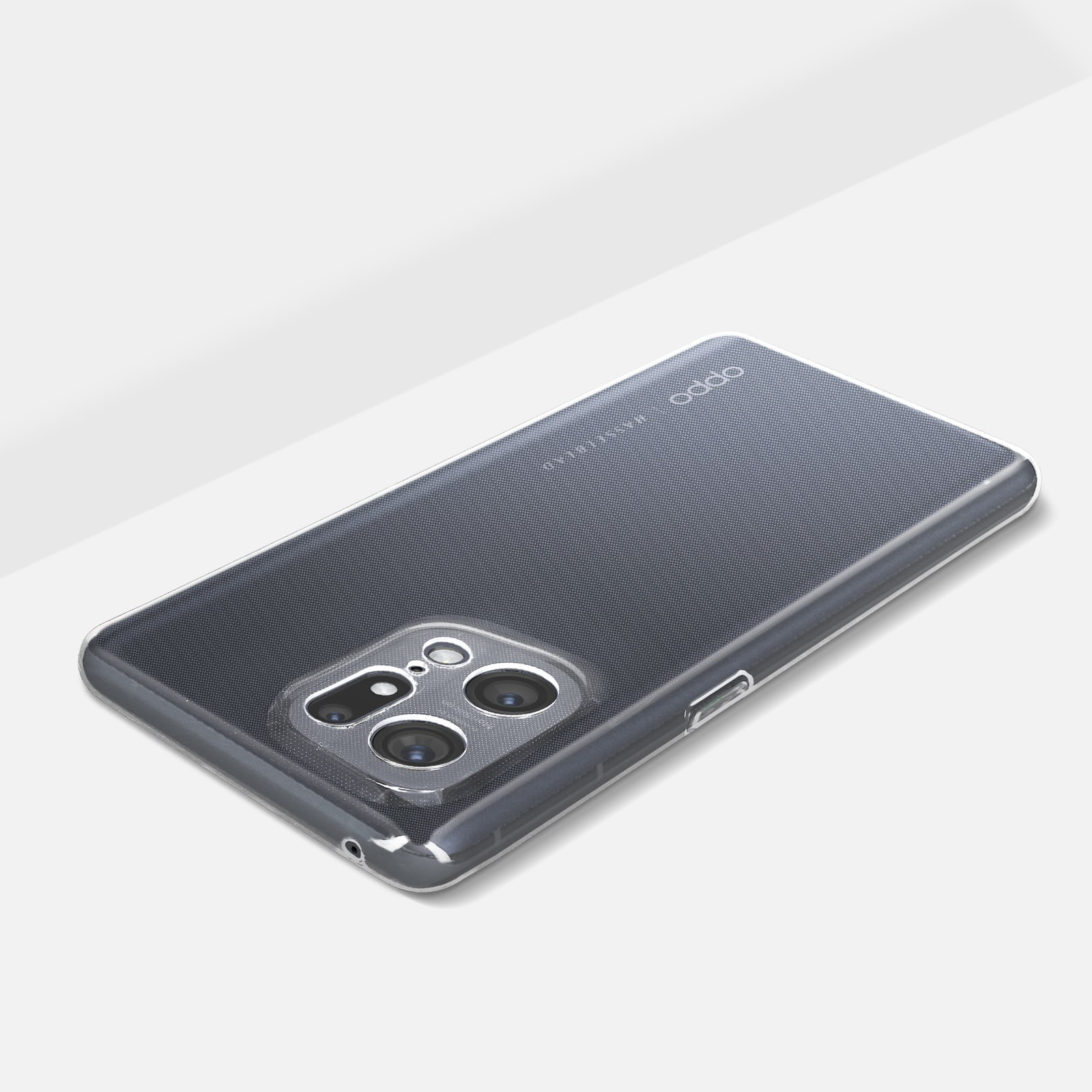 Una custodia trasparente per telefono con logo Oppo e ritagli per fotocamera su superficie bianca.