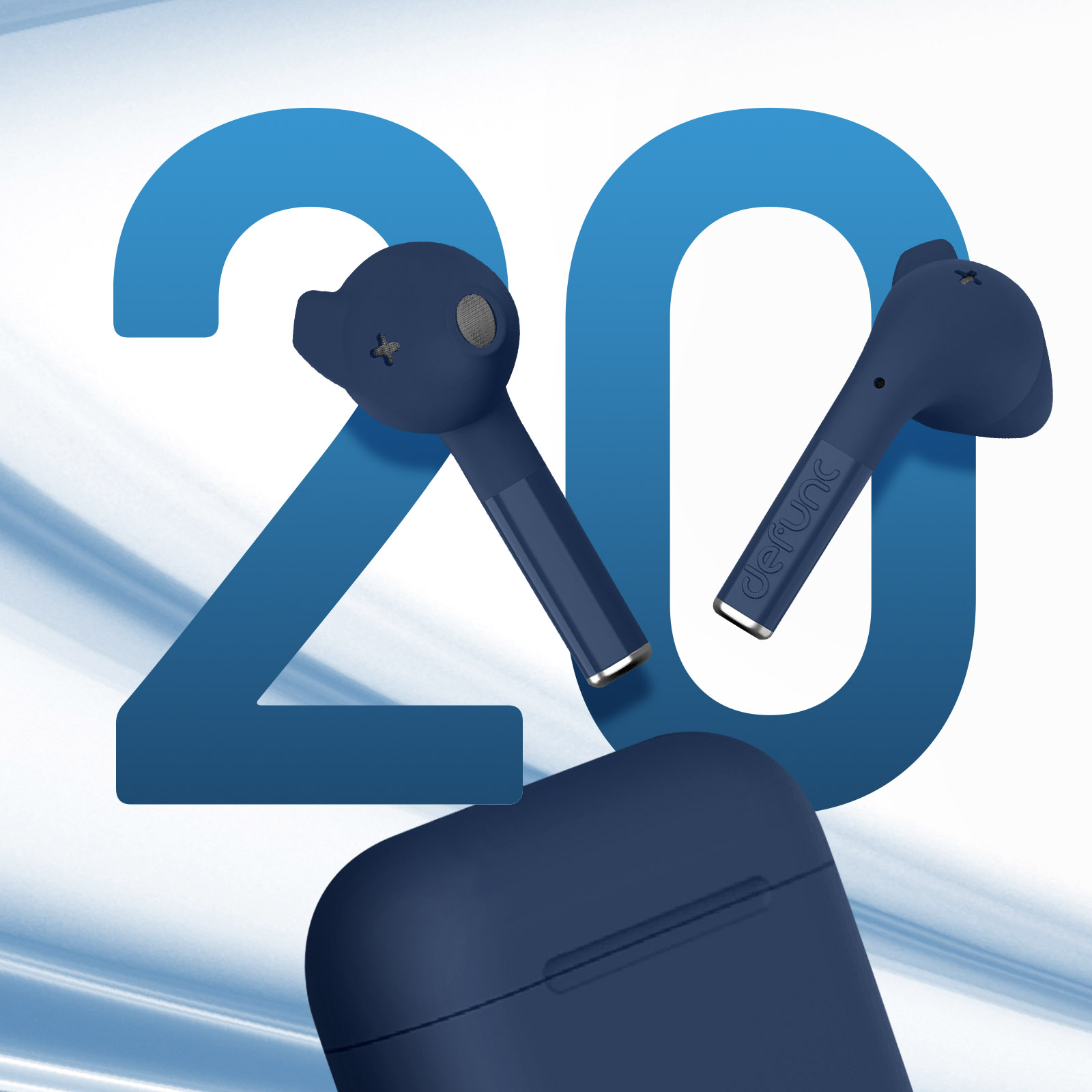 Primo piano di auricolari e custodia blu con il numero 20 sullo sfondo. Gli auricolari hanno un logo bianco.