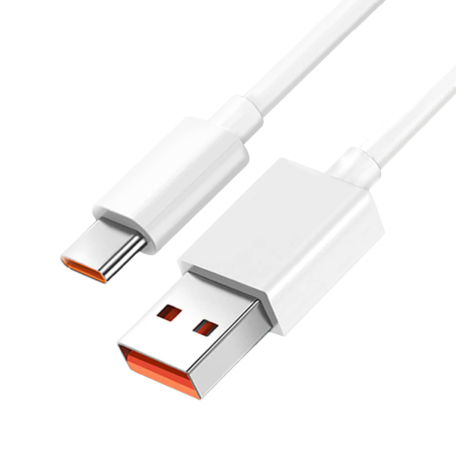 Ein weißes USB-C-zu-USB-Kabel mit orangefarbenen Akzenten an den Anschlüssen.