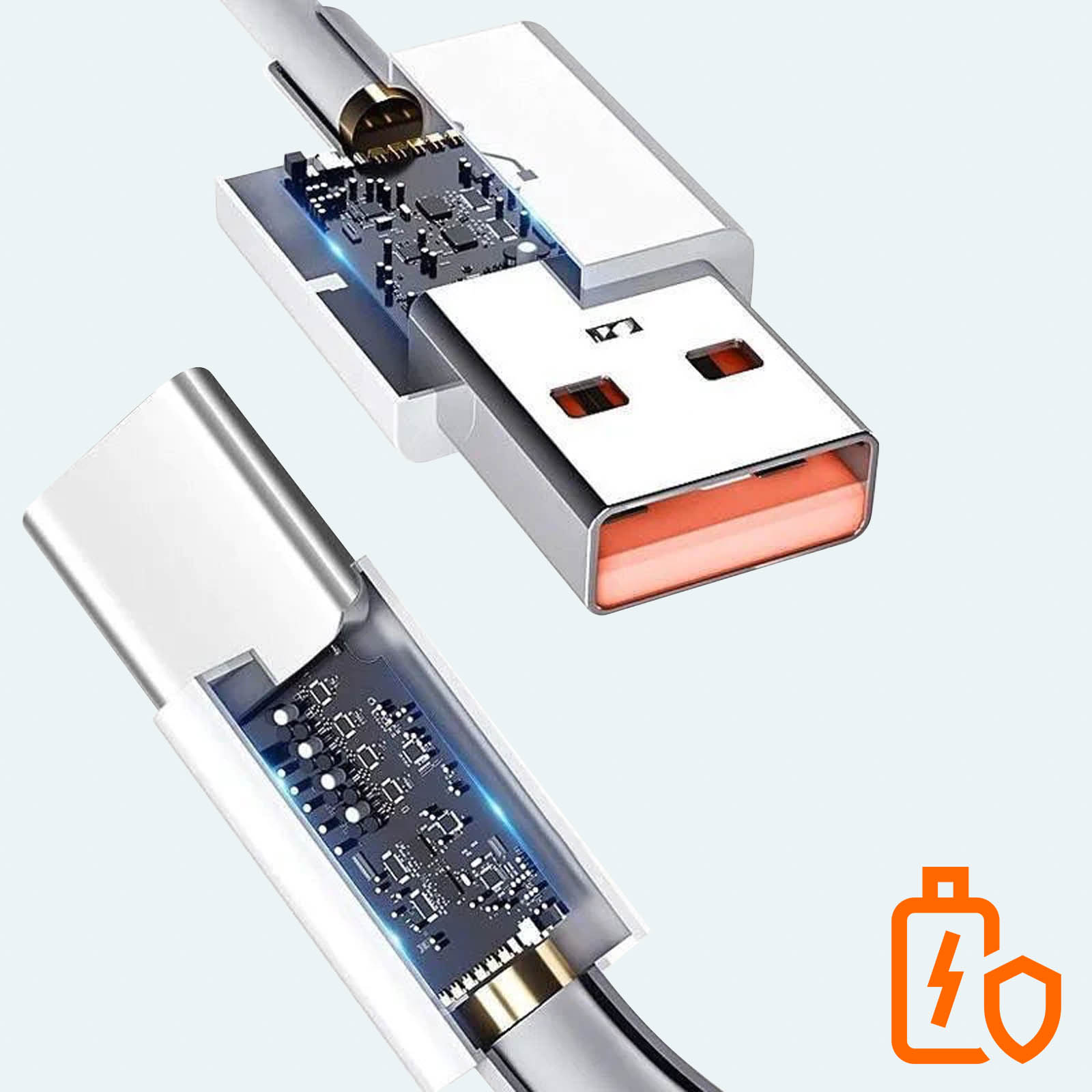 Ein USB-Kabel mit geöffneten Teilen, das die internen Komponenten zeigt. Der Hintergrund ist hellblau.