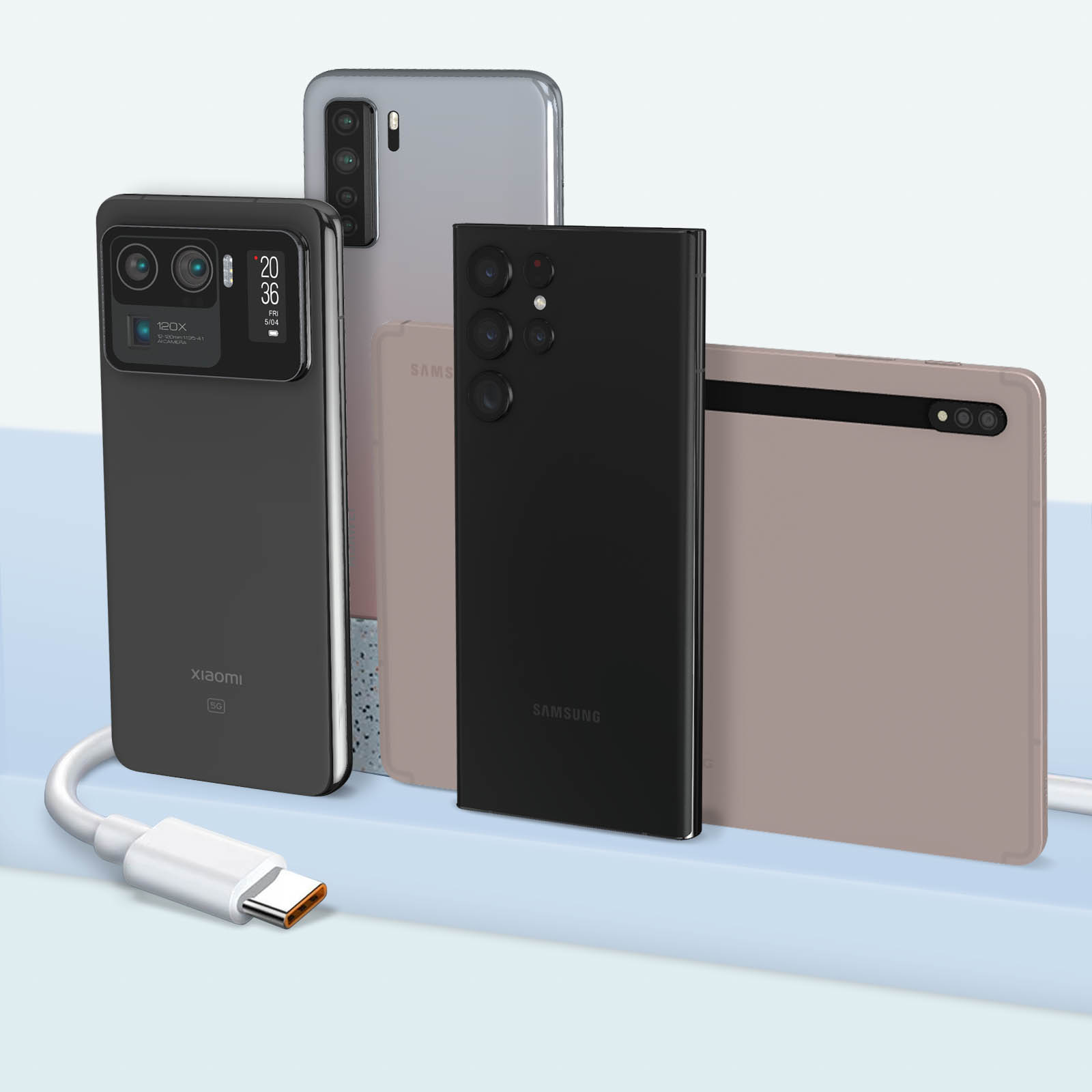 Mehrere Telefone und ein Tablet mit Ladekabel. Einige Telefone im Hintergrund.