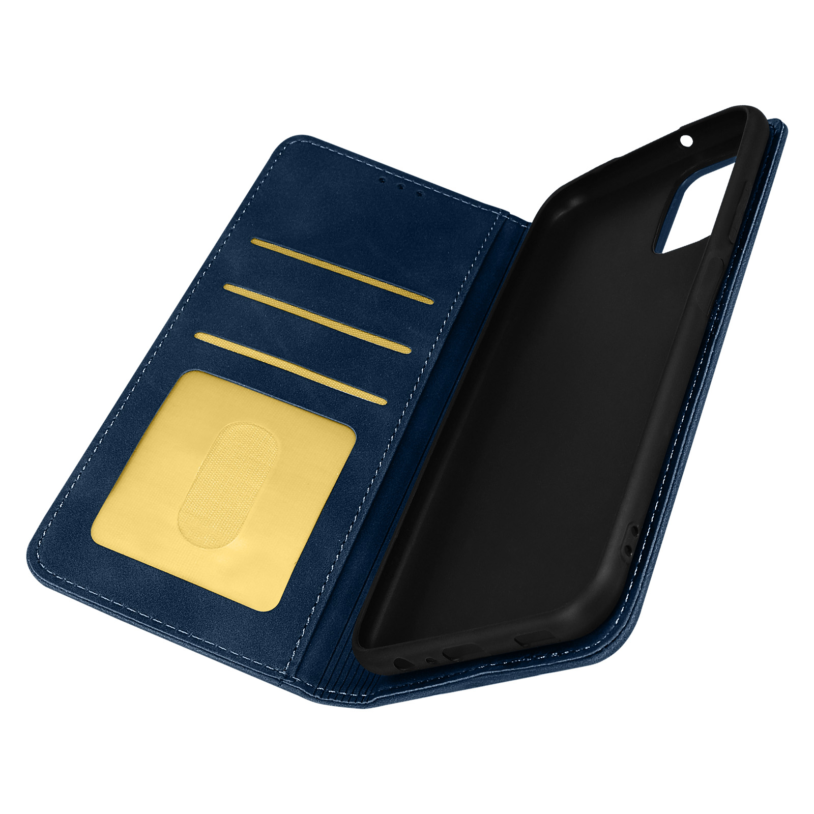 Custodia blu aperta con fessure per carte. L'interno della custodia è nero.