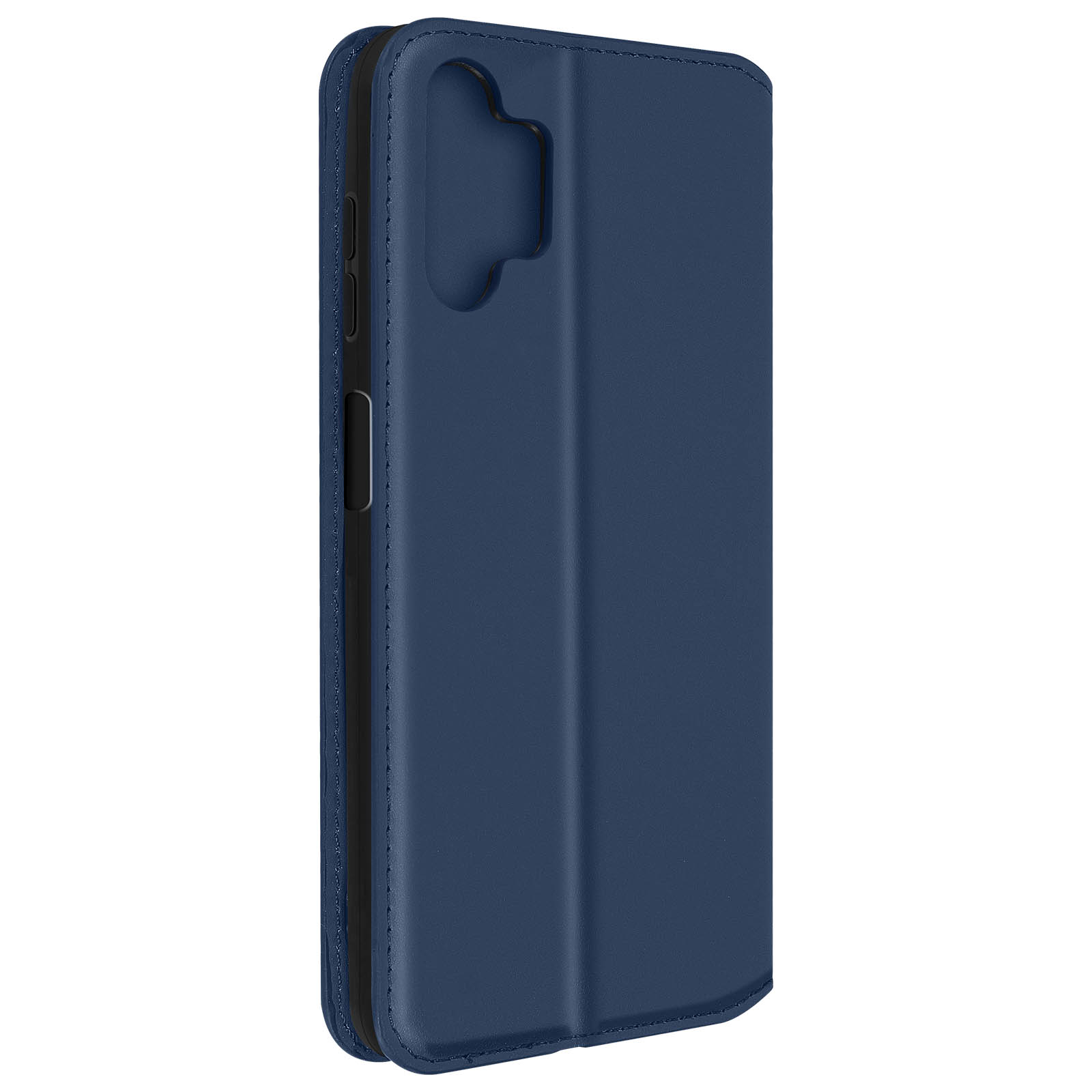Blauwe telefoonhoes, gesloten. Toont stiksels en uitsparingen voor camera en knoppen. Donkerder interieur.
