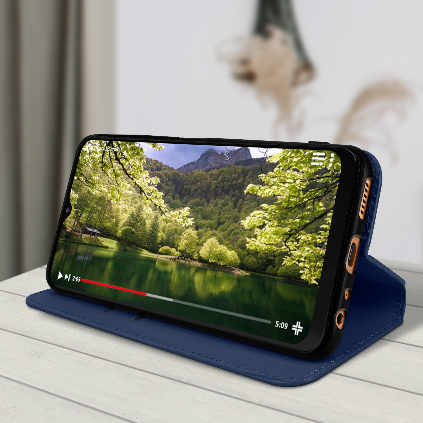 Telefoon in een blauwe hoes, met een video van een landschap met een meer.