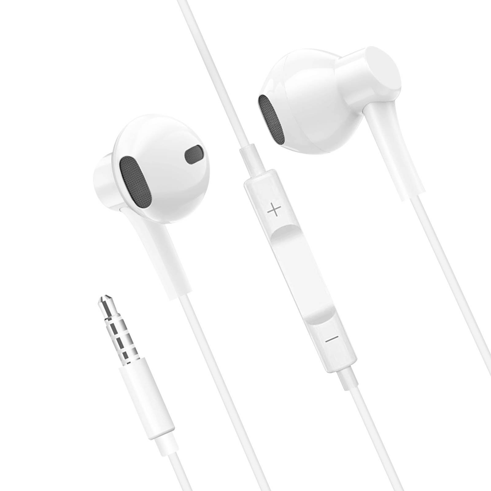 Auriculares blancos con control, conector y cable, sobre un fondo blanco. Los auriculares son blancos.