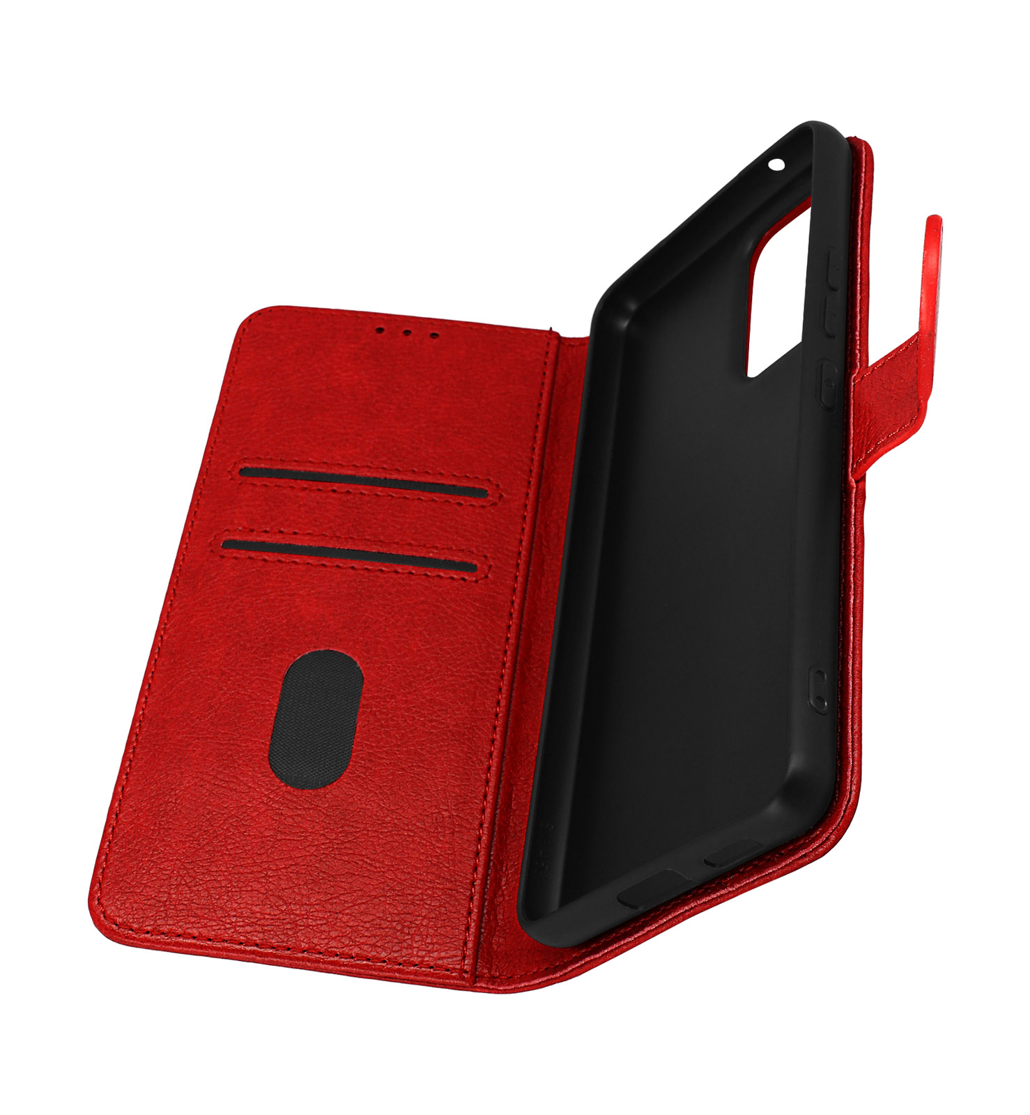Une coque de téléphone rouge avec des fentes pour cartes, ouverte pour afficher le téléphone sur fond blanc.