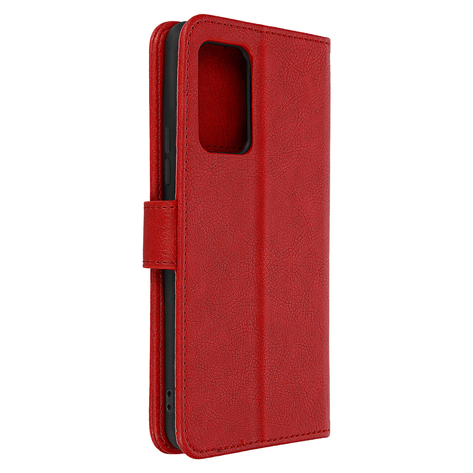 Coque de téléphone rouge fermée. La coque est rouge. Elle a un fermoir magnétique.
