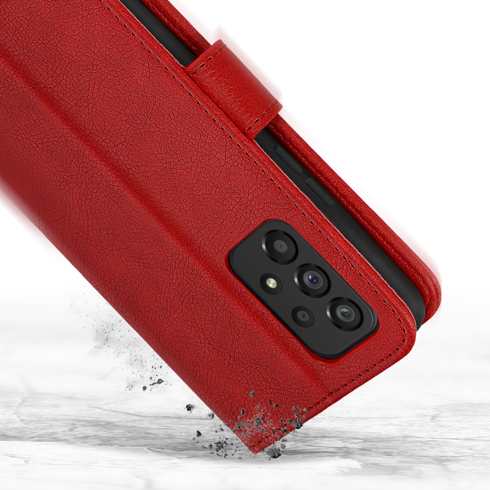 Coque de téléphone rouge ouverte, avec téléphone à l'intérieur, tombant.