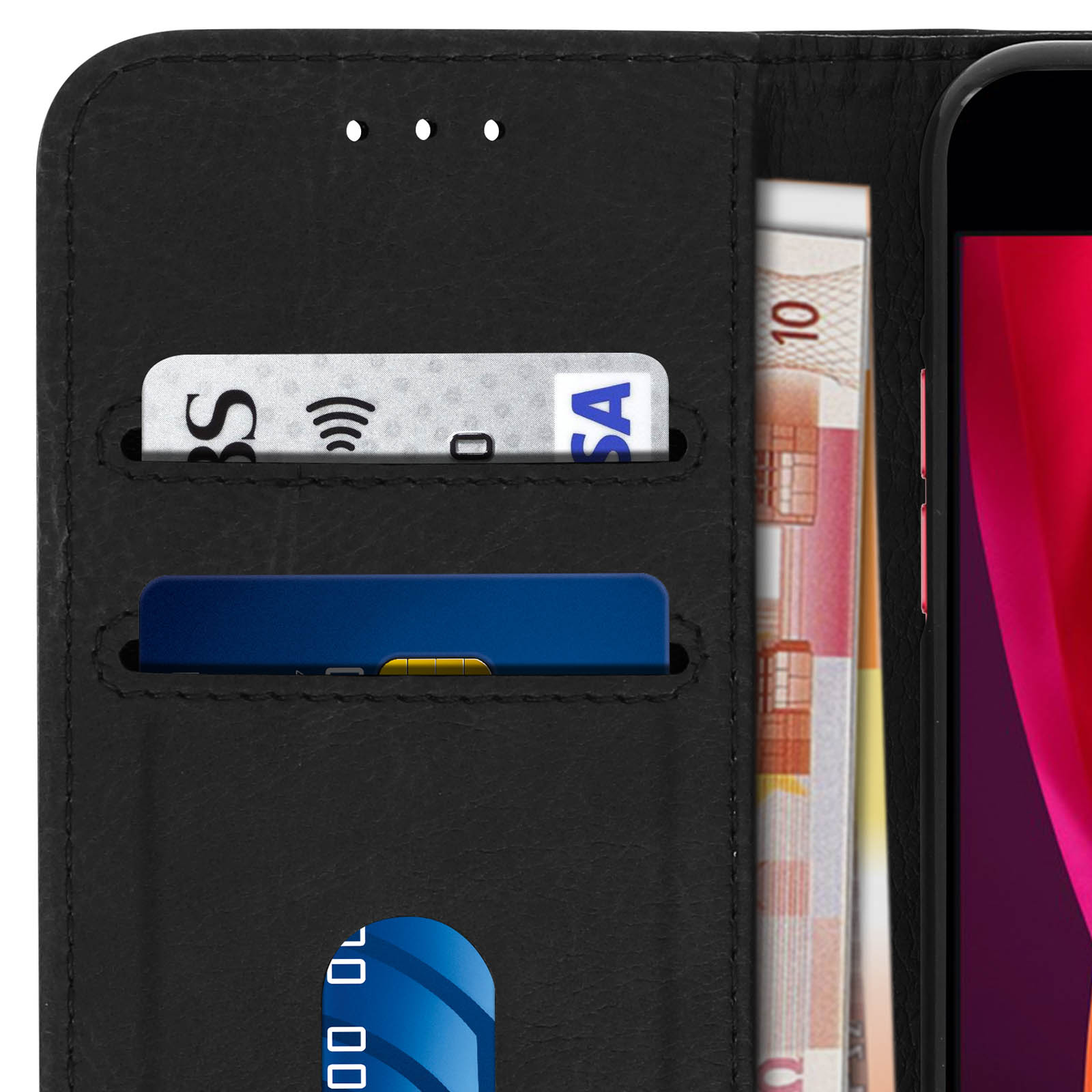 Custodia del telefono aperta con carte e denaro. Schermo del telefono visibile.