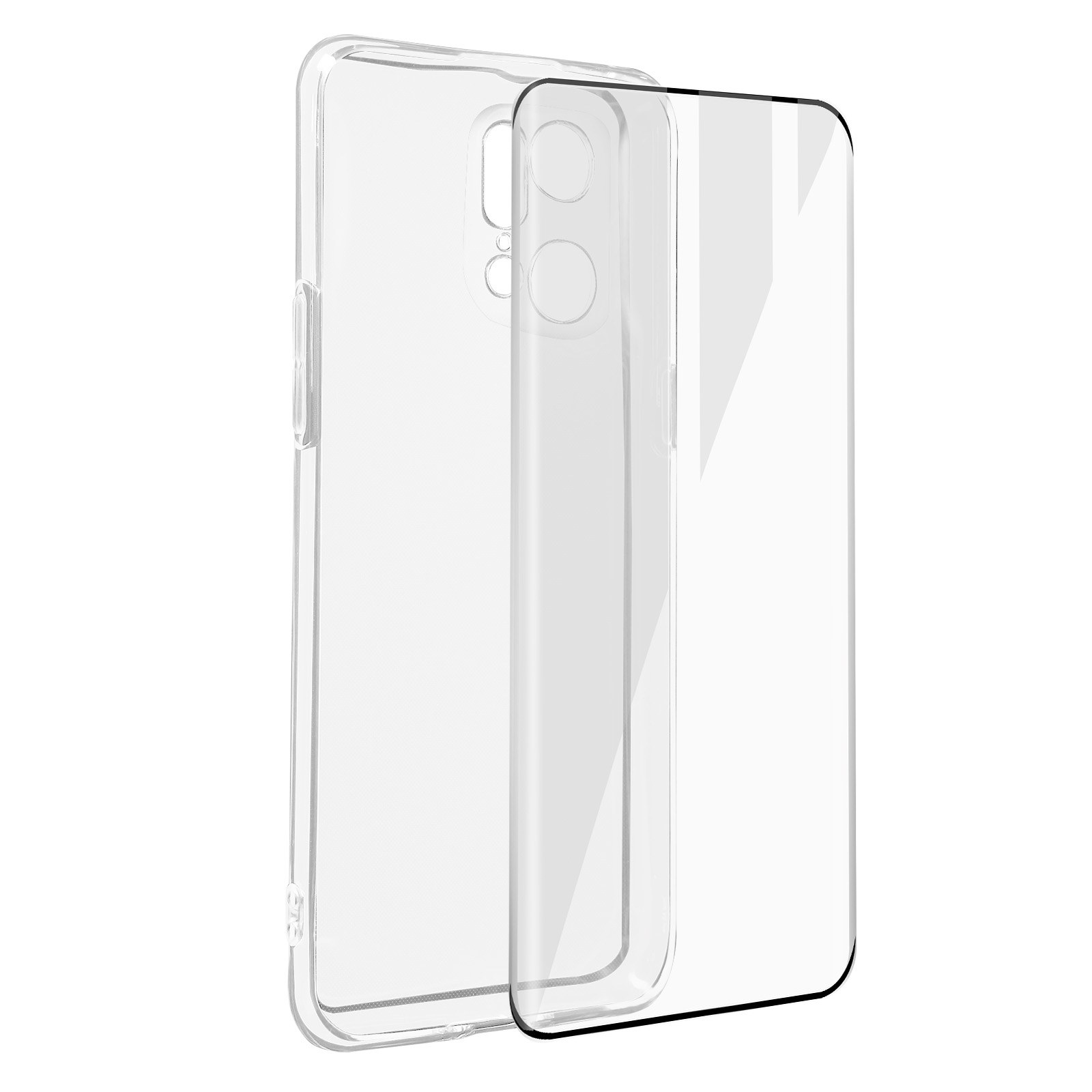 Custodia trasparente e protezione schermo. La custodia ha aperture per fotocamera e pulsante.