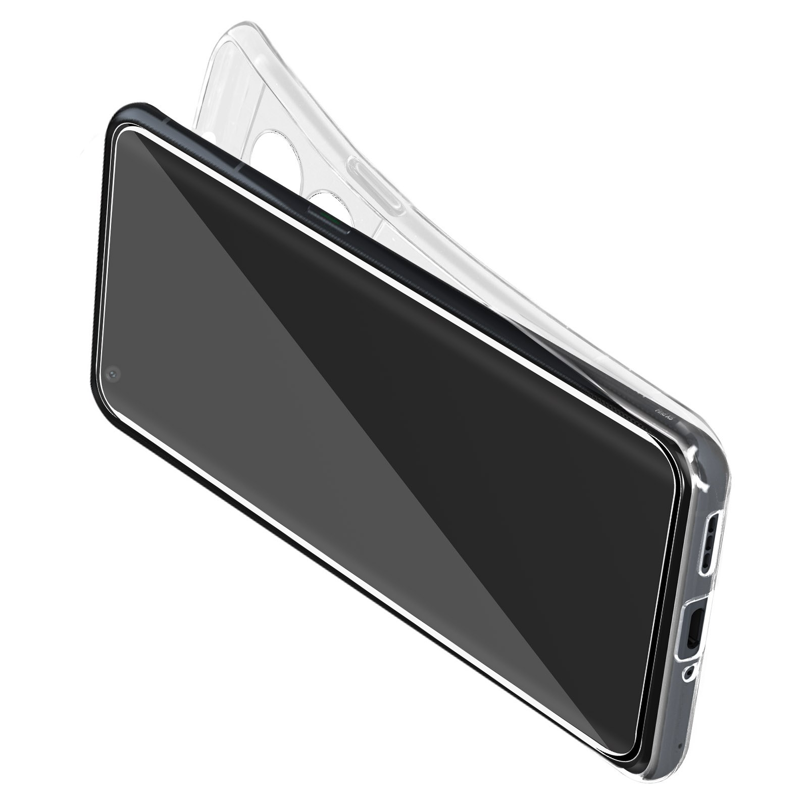 Custodia trasparente con telefono all'interno. Schermo nero. Sfondo bianco. Custodia trasparente.