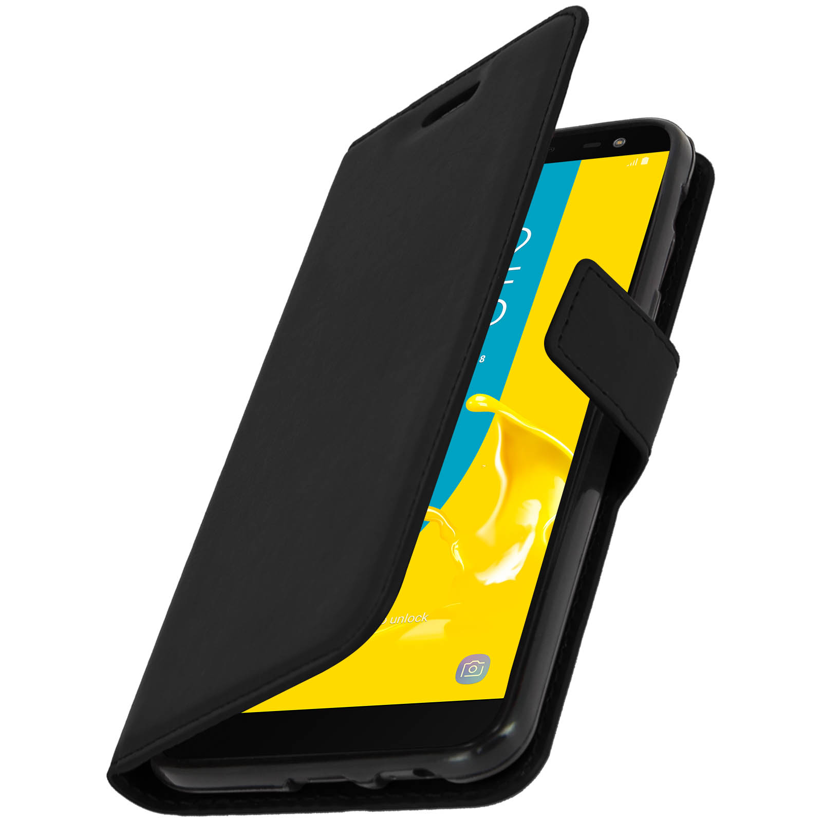 Una custodia per telefono nera con coperchio aperto. All'interno il telefono con schermo giallo.