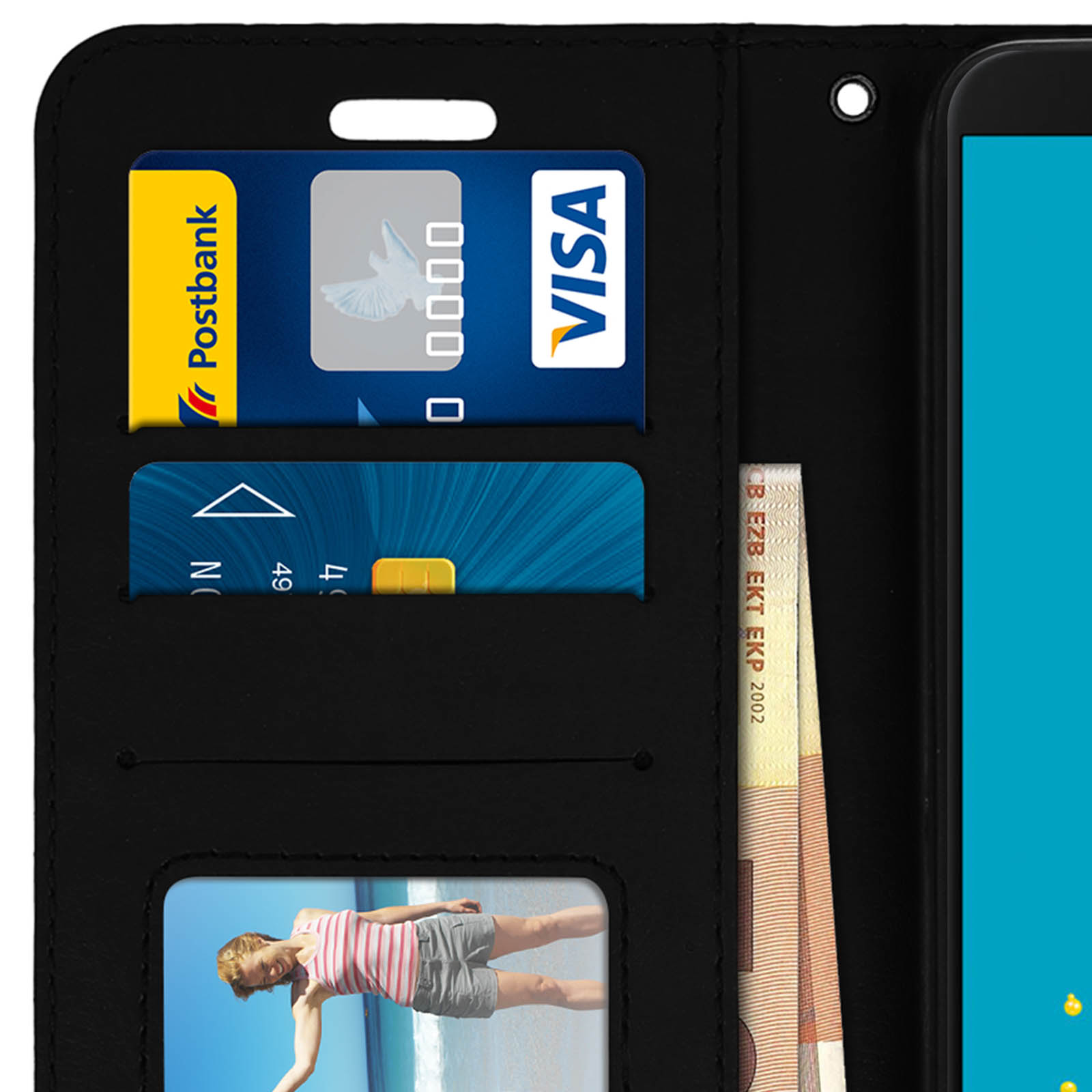 Custodia nera per telefono. Interno con fessure per carte e foto. Telefono non visibile.