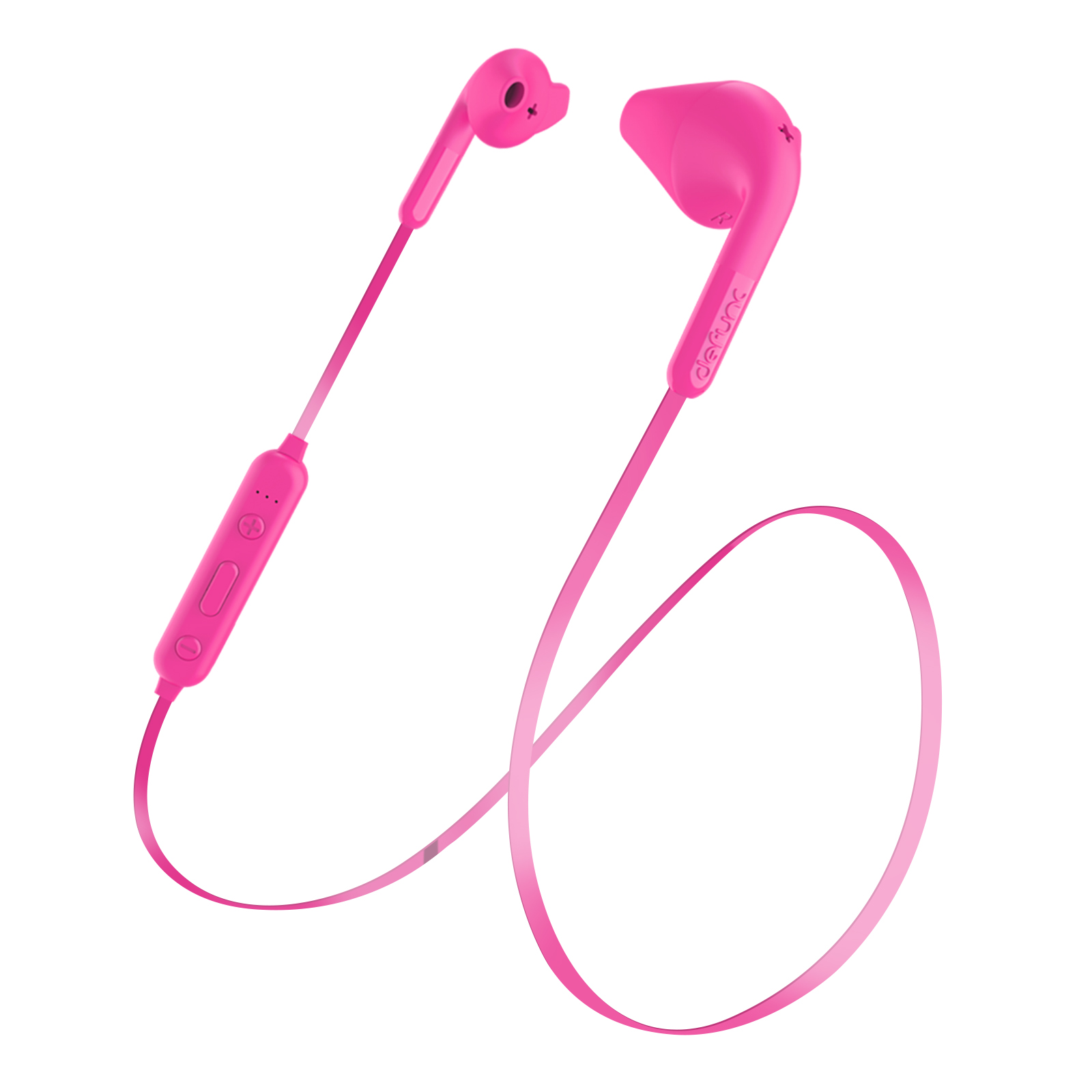 Auricolari cablati rosa con un pannello di controllo. Gli auricolari sono su uno sfondo bianco.