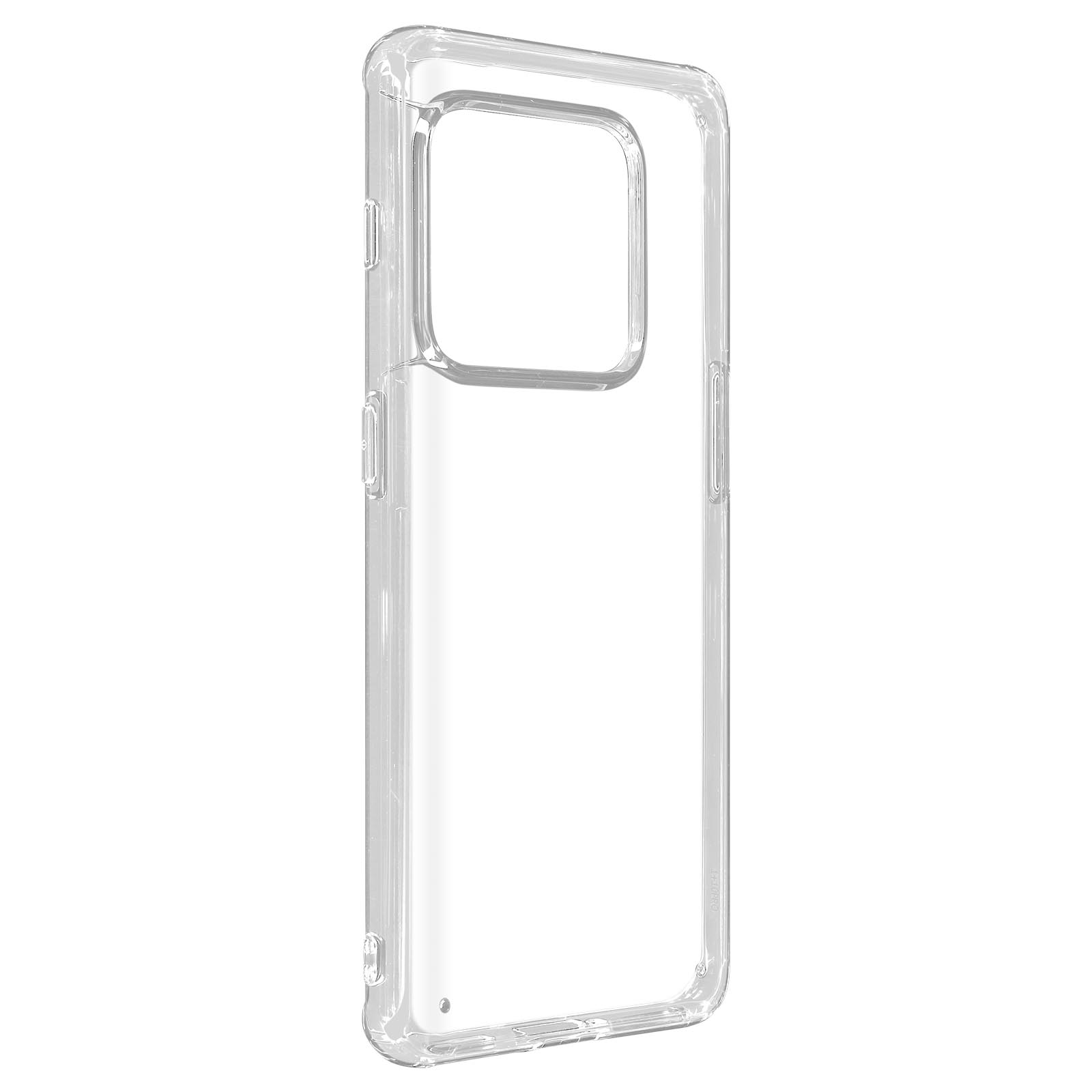 Una custodia per telefono trasparente, che mostra il contorno del dispositivo con aperture per fotocamera e pulsanti.
