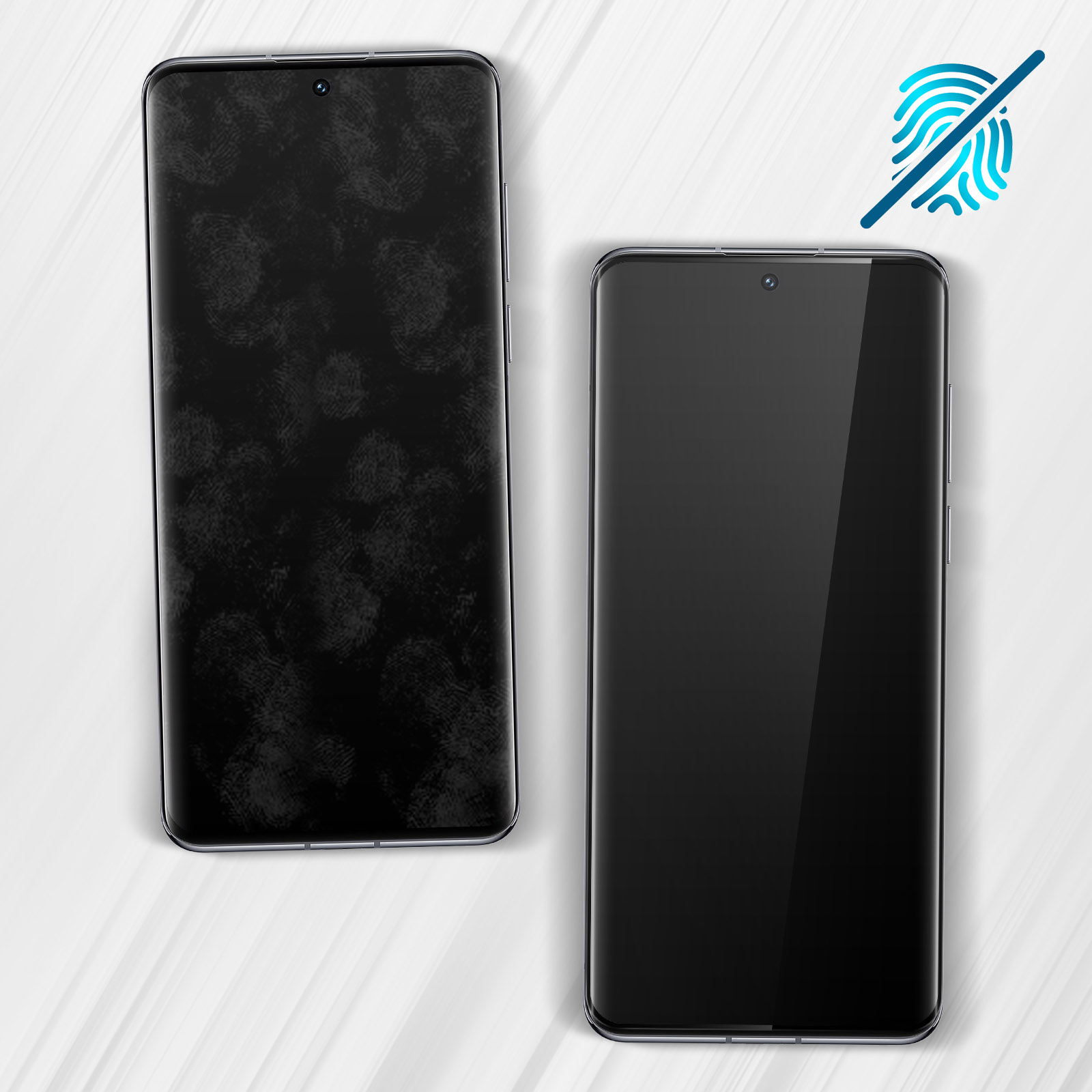 Due telefoni, uno con impronte digitali, uno pulito e un simbolo senza impronte digitali.