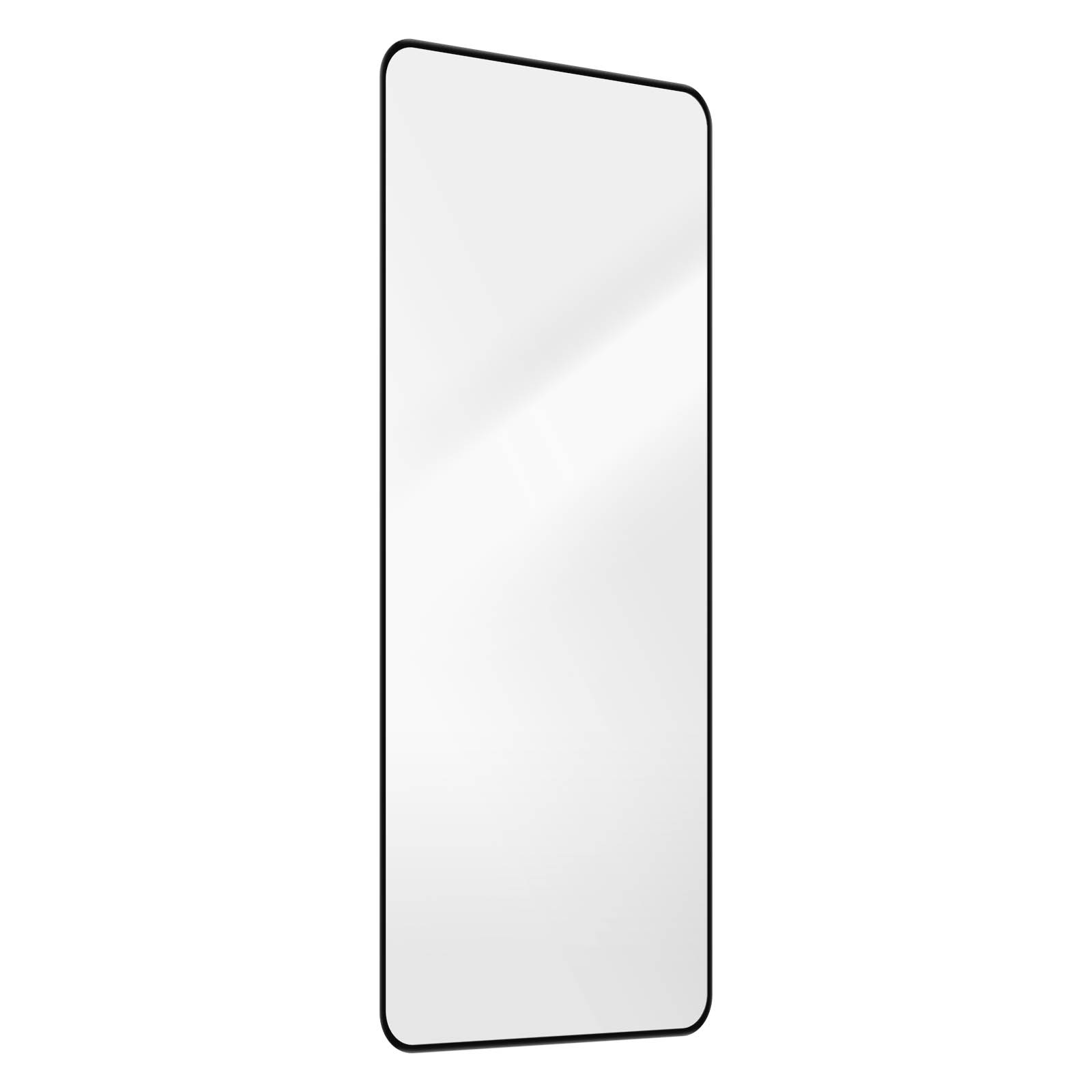 Een heldere telefoonbeschermer, rechthoekig, met een zwart frame, geïsoleerd op wit.