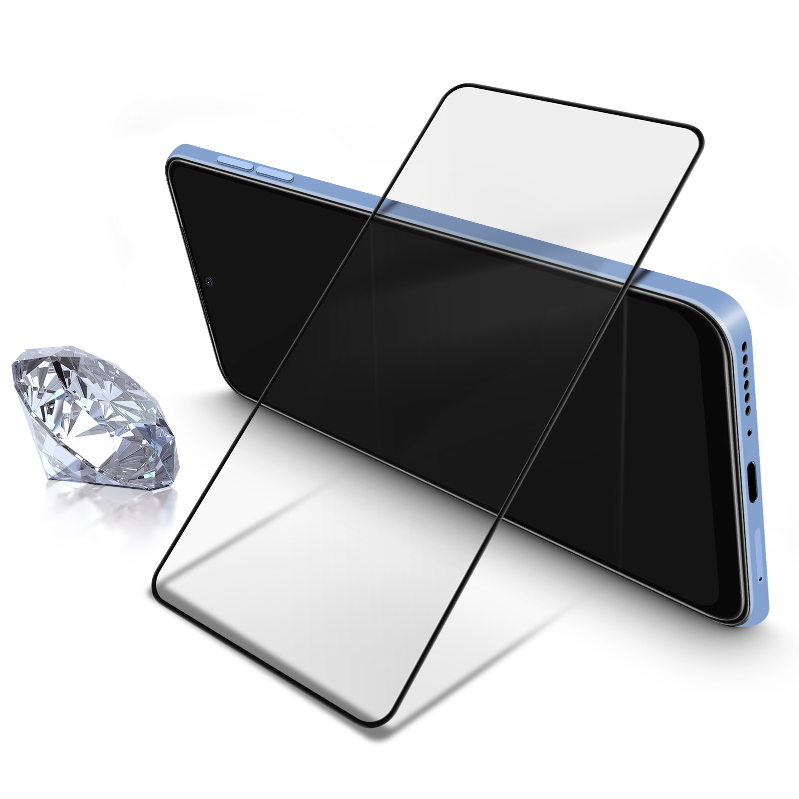 Een telefoon met een schermbeschermer, een diamant en een lichtblauw telefoonhoesje.