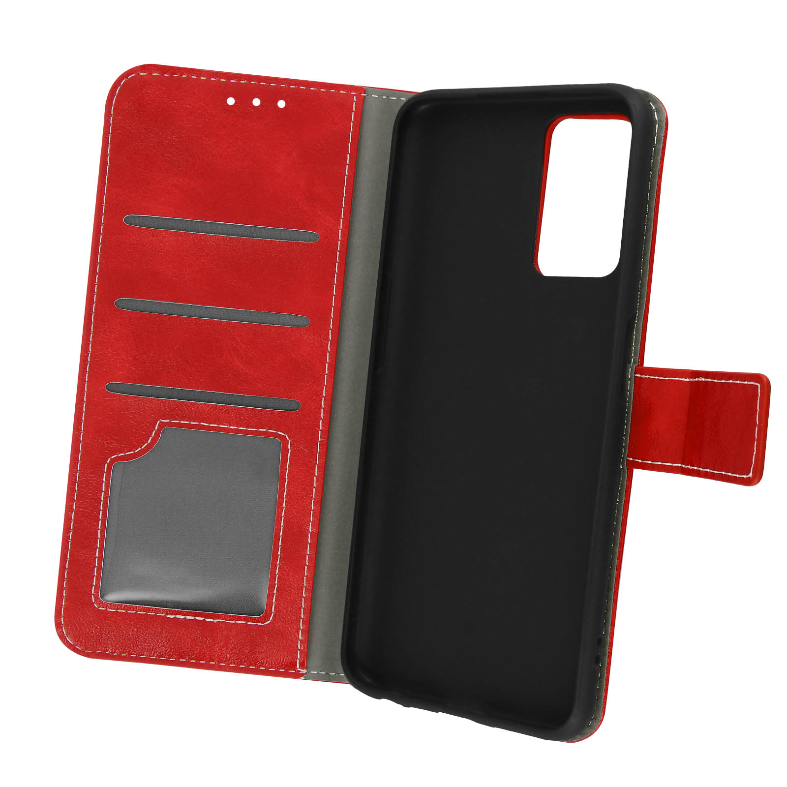 Custodia per telefono rossa aperta. L'interno è nero. Ha slot per carte e un cinturino rosso.