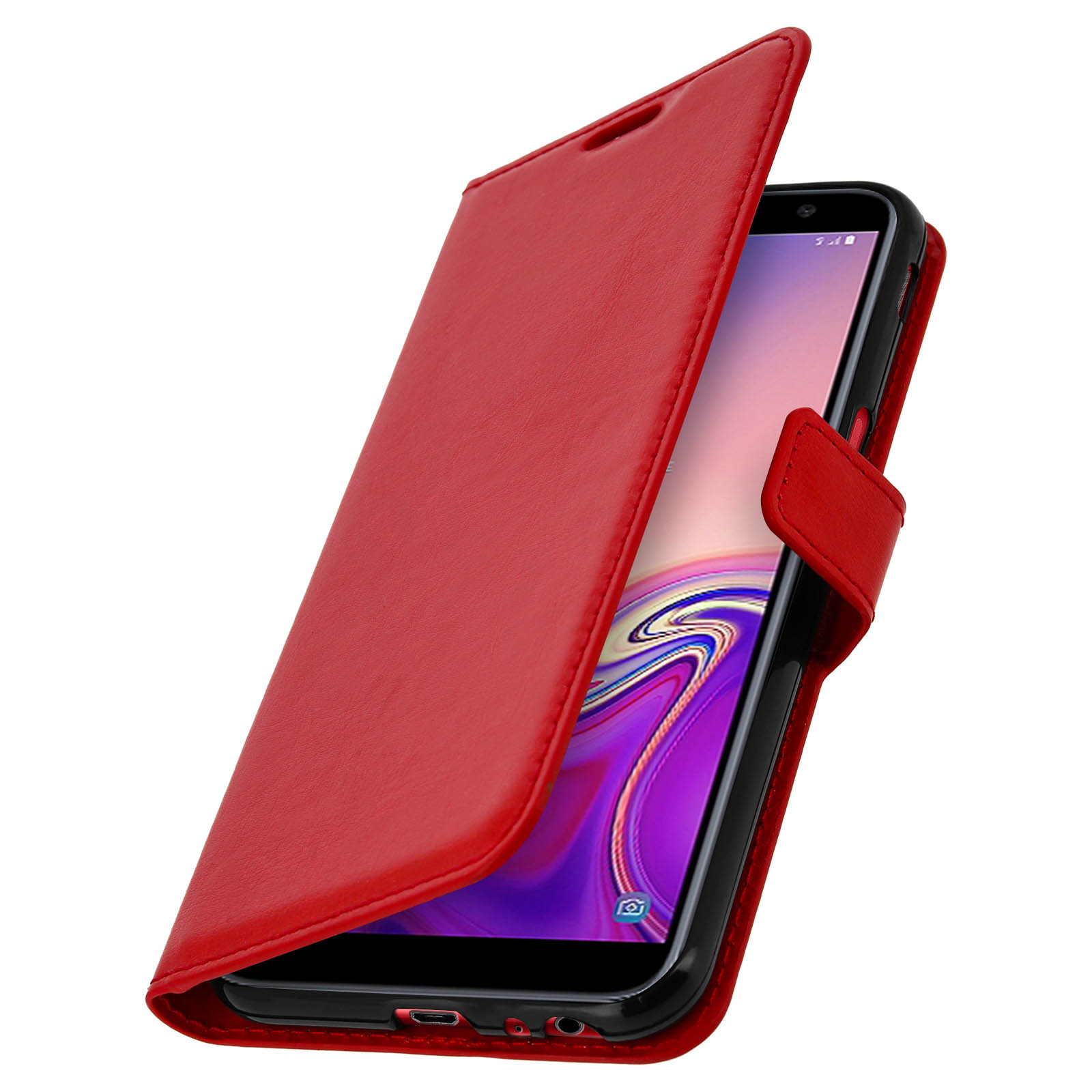Telefono con custodia a portafoglio rossa. Il telefono è aperto, lo schermo è visibile.