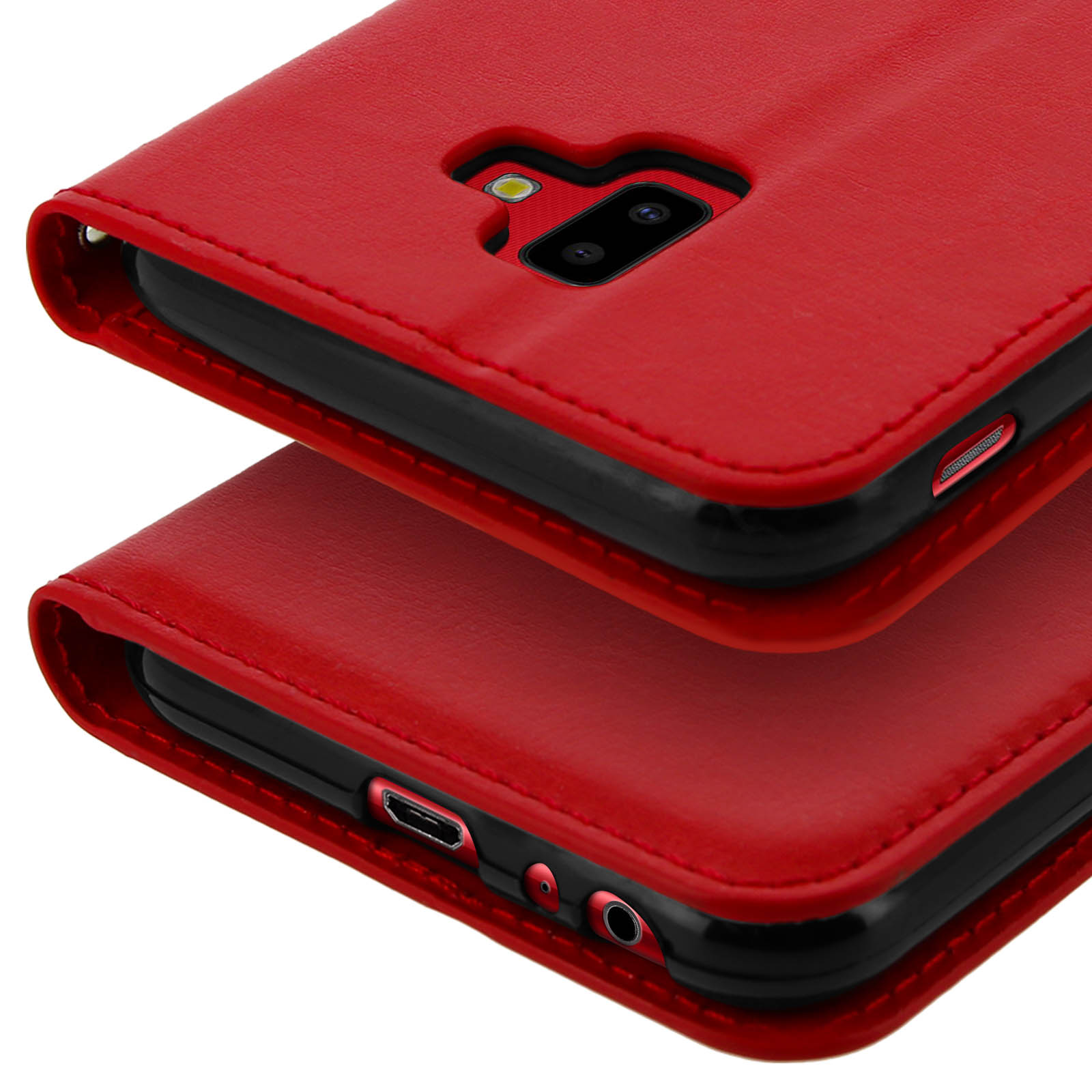 Custodia rossa per telefono, due pezzi mostrati, con un telefono all'interno. Telefono nero.